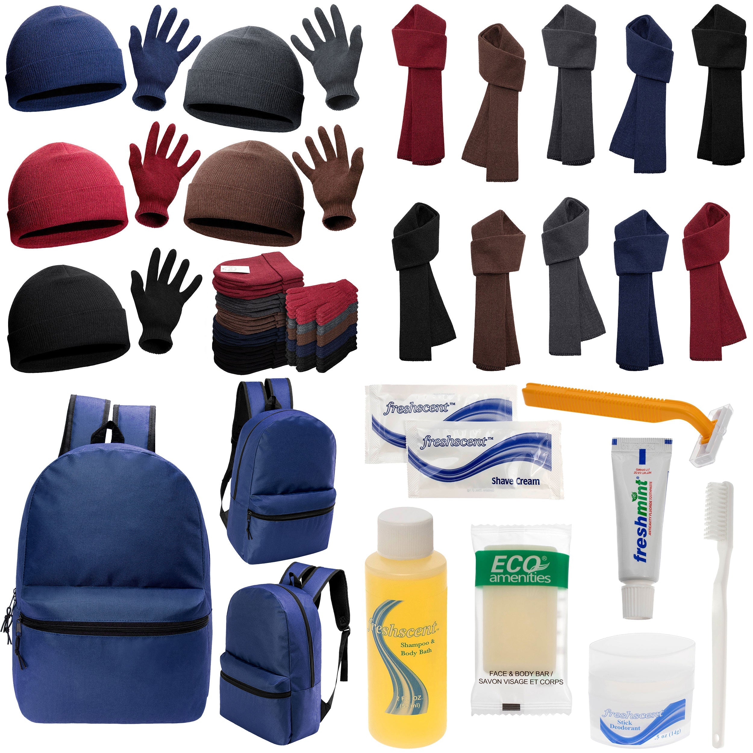 12 Basic 17" Backpacks in Navy Blue, 12 Winter Item Sets & Your Choice of 12 Bulk Hygiene Kits - Wholesale Homeless Care Package