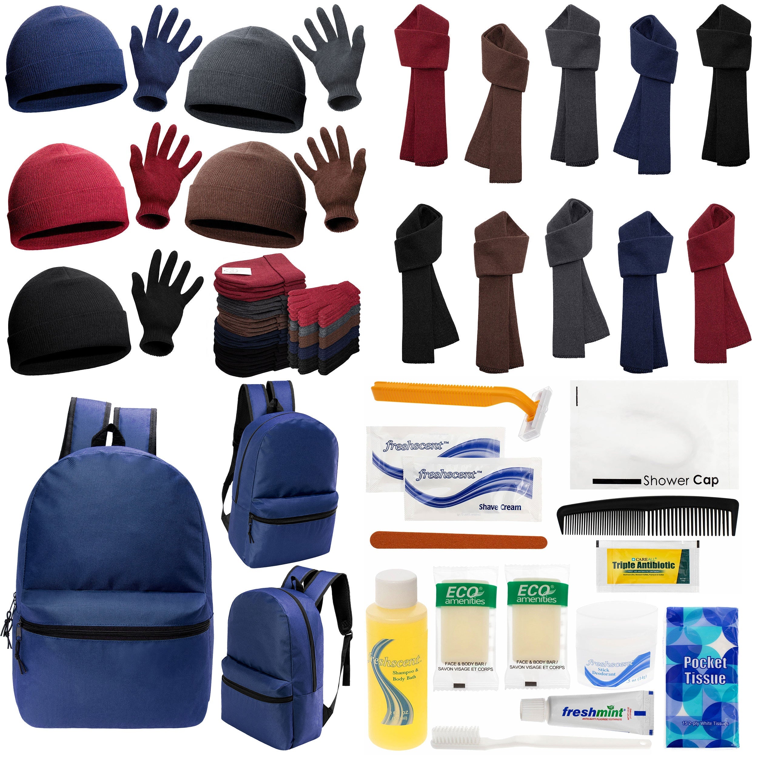 12 Basic 17" Backpacks in Navy Blue, 12 Winter Item Sets & Your Choice of 12 Bulk Hygiene Kits - Wholesale Homeless Care Package