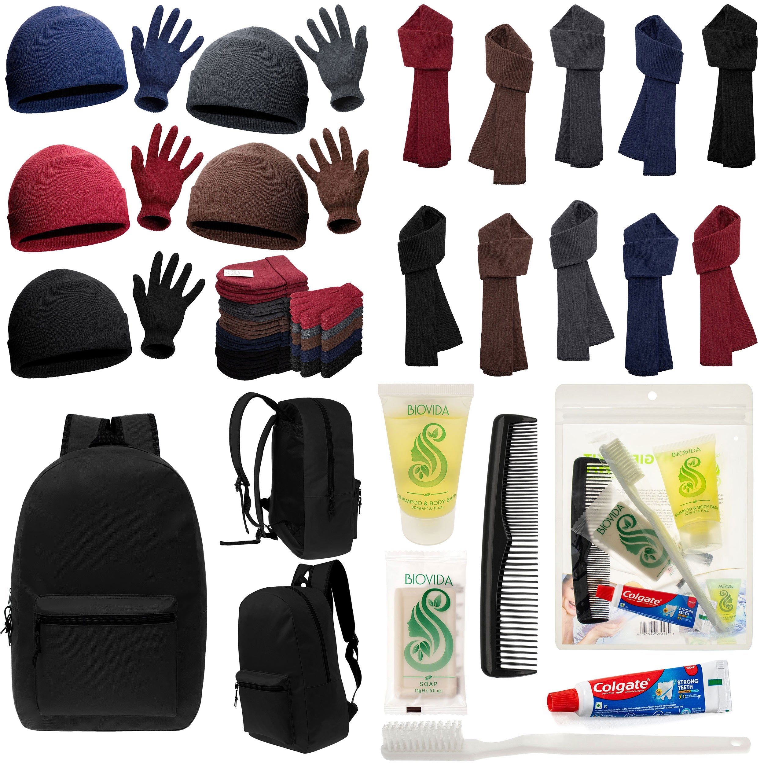 12 Basic Black 17" Backpacks with 12 Winter Item Sets & Your Choice of 12 Bulk Hygiene Kits - Wholesale Homeless Care Package