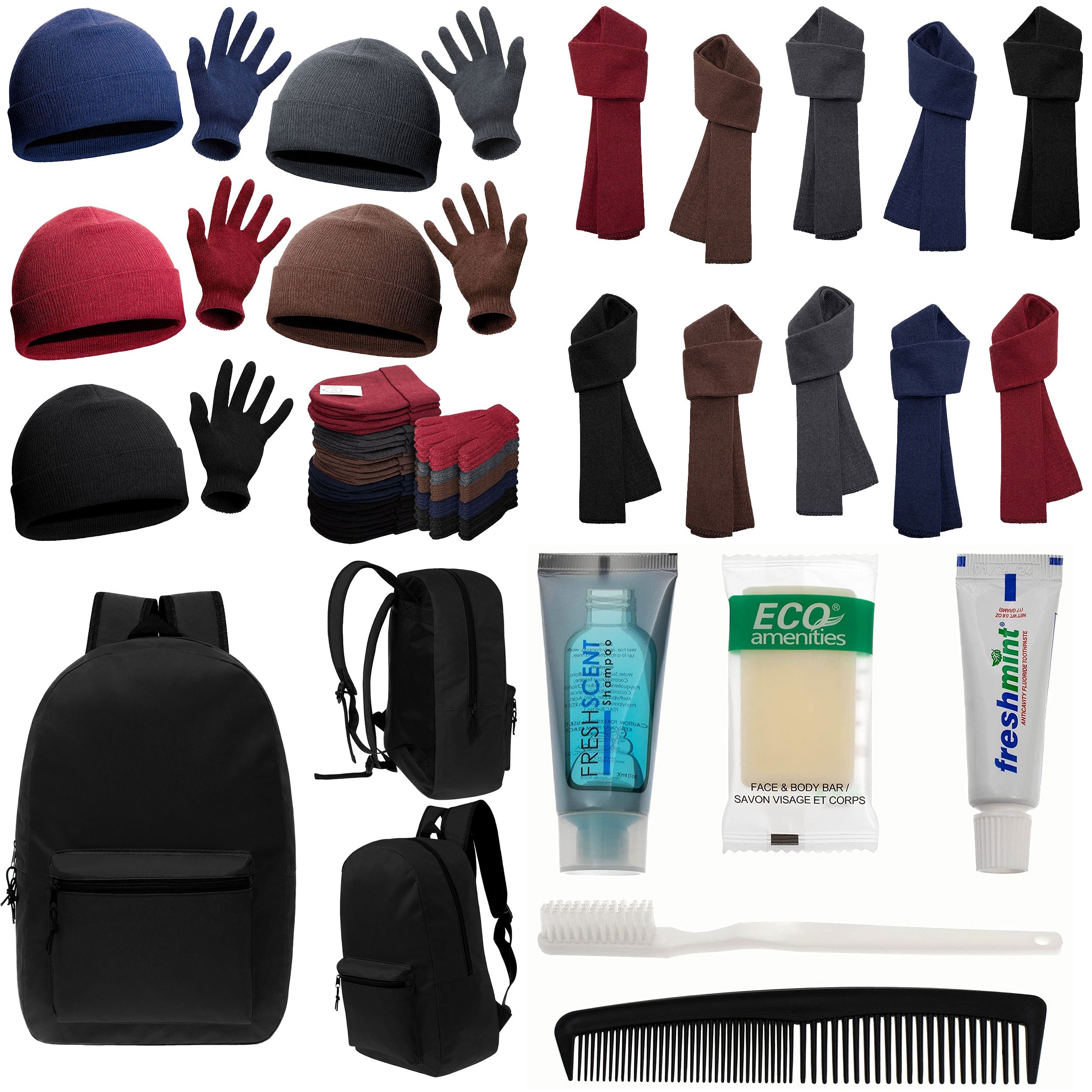 12 Basic Black 17" Backpacks with 12 Winter Item Sets & Your Choice of 12 Bulk Hygiene Kits - Wholesale Homeless Care Package