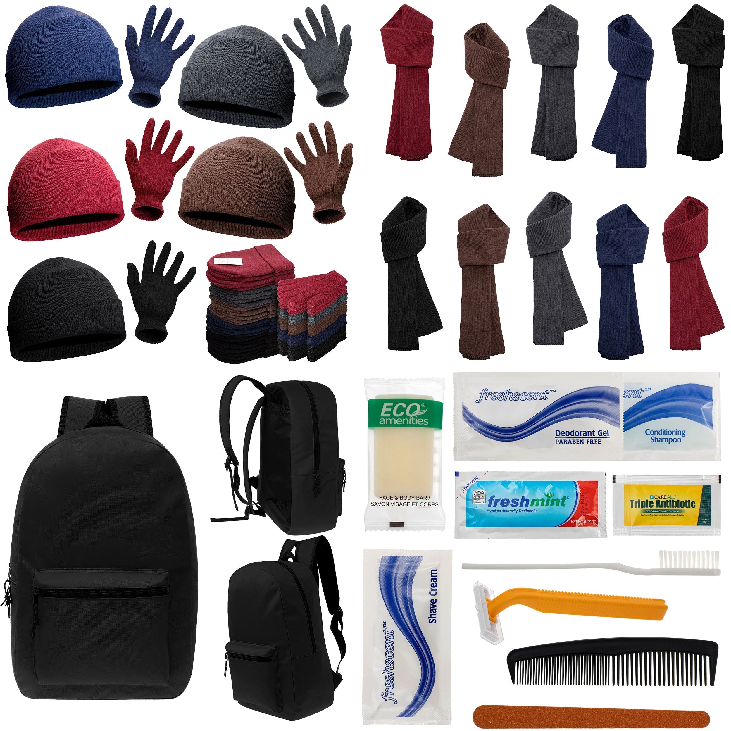 12 Basic Black 17" Backpacks with 12 Winter Item Sets & Your Choice of 12 Bulk Hygiene Kits - Wholesale Homeless Care Package