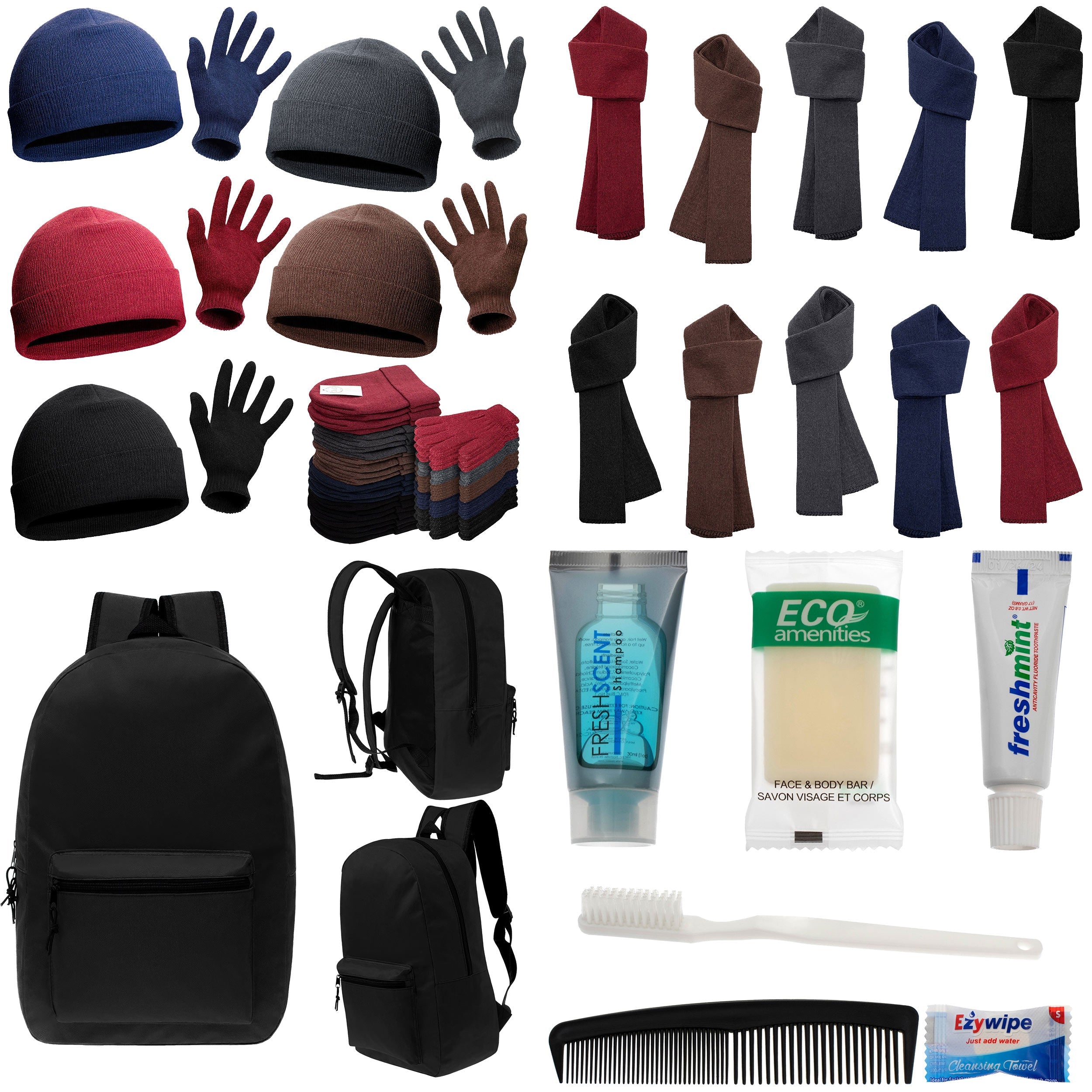 12 Basic Black 17" Backpacks with 12 Winter Item Sets & Your Choice of 12 Bulk Hygiene Kits - Wholesale Homeless Care Package