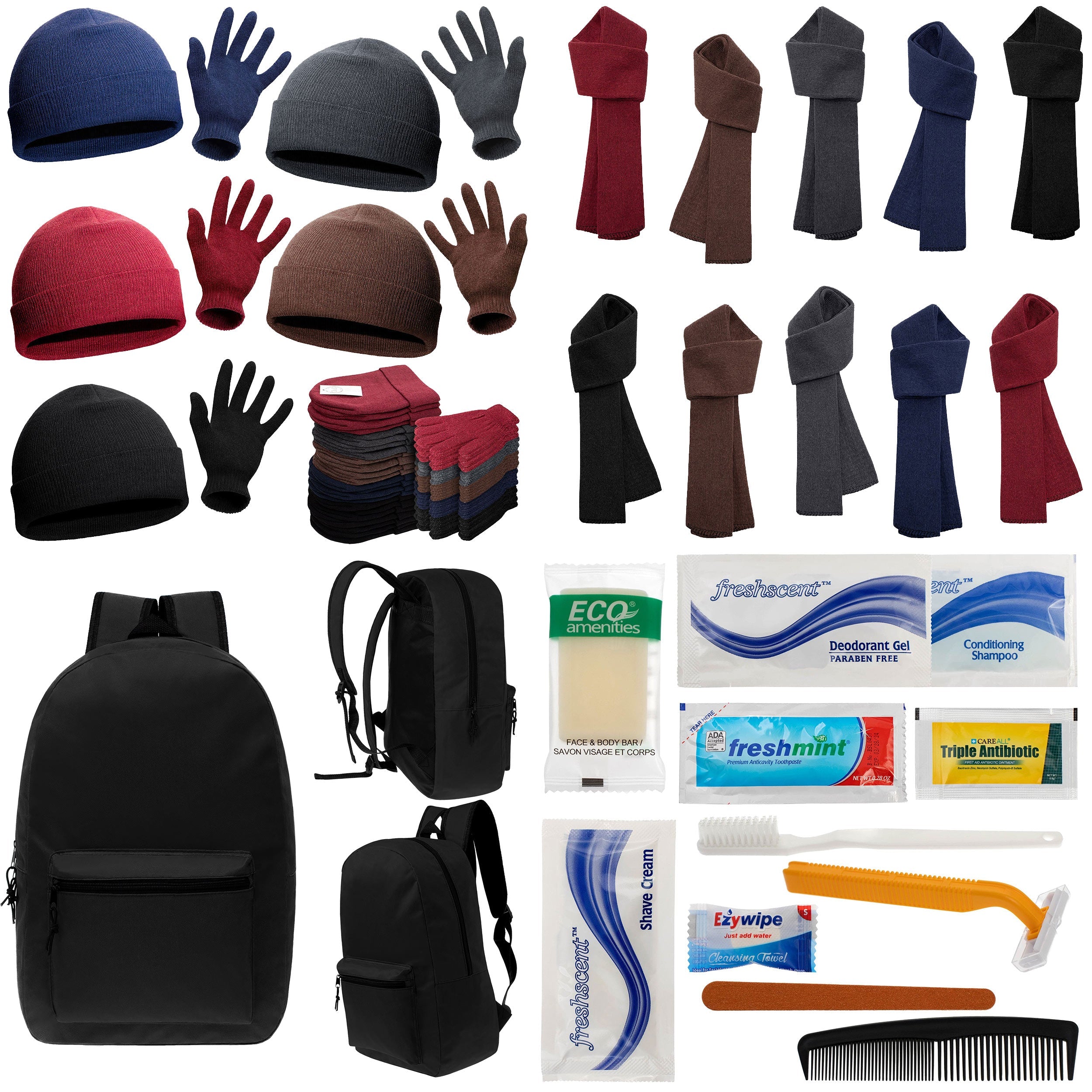 12 Basic Black 17" Backpacks with 12 Winter Item Sets & Your Choice of 12 Bulk Hygiene Kits - Wholesale Homeless Care Package