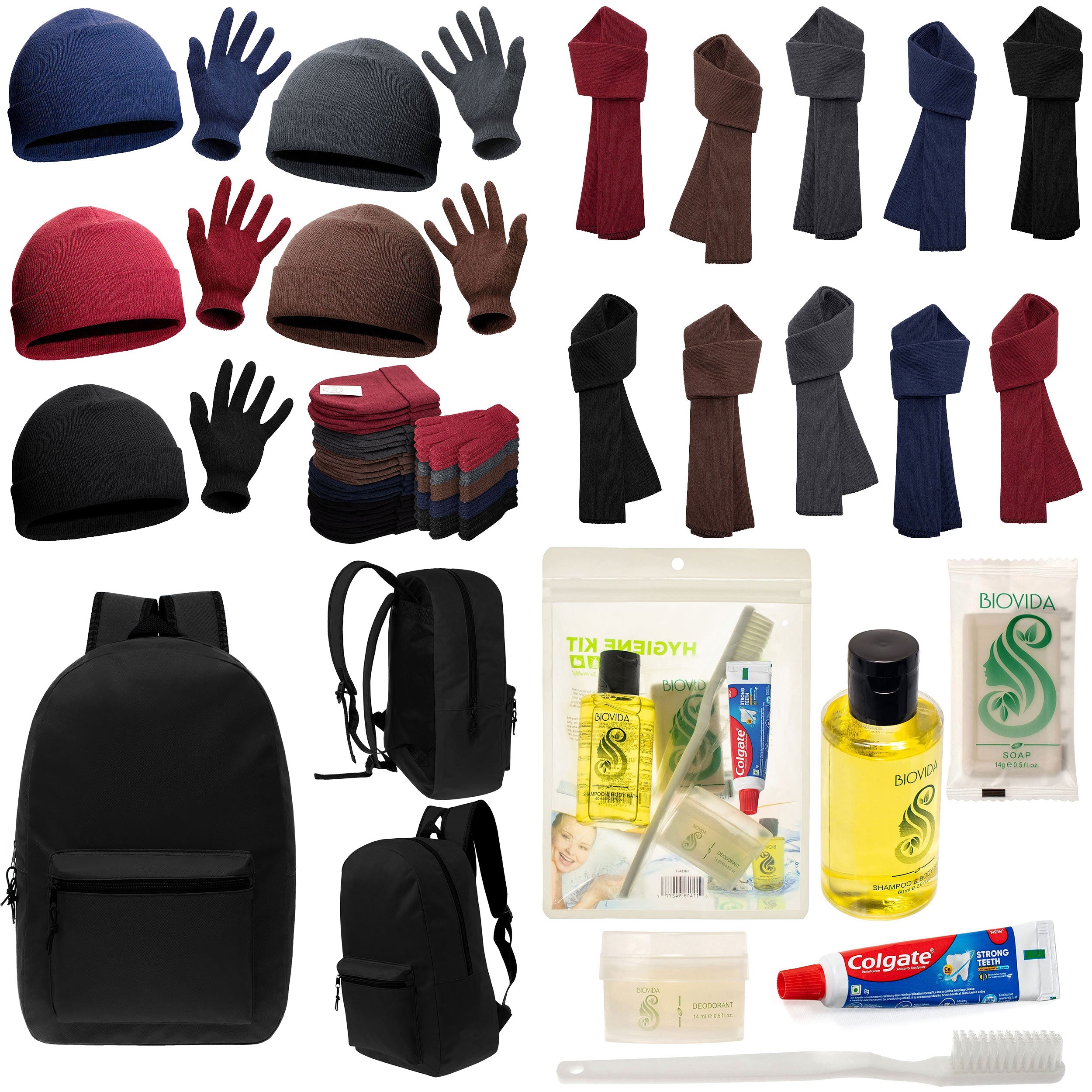 12 Basic Black 17" Backpacks with 12 Winter Item Sets & Your Choice of 12 Bulk Hygiene Kits - Wholesale Homeless Care Package