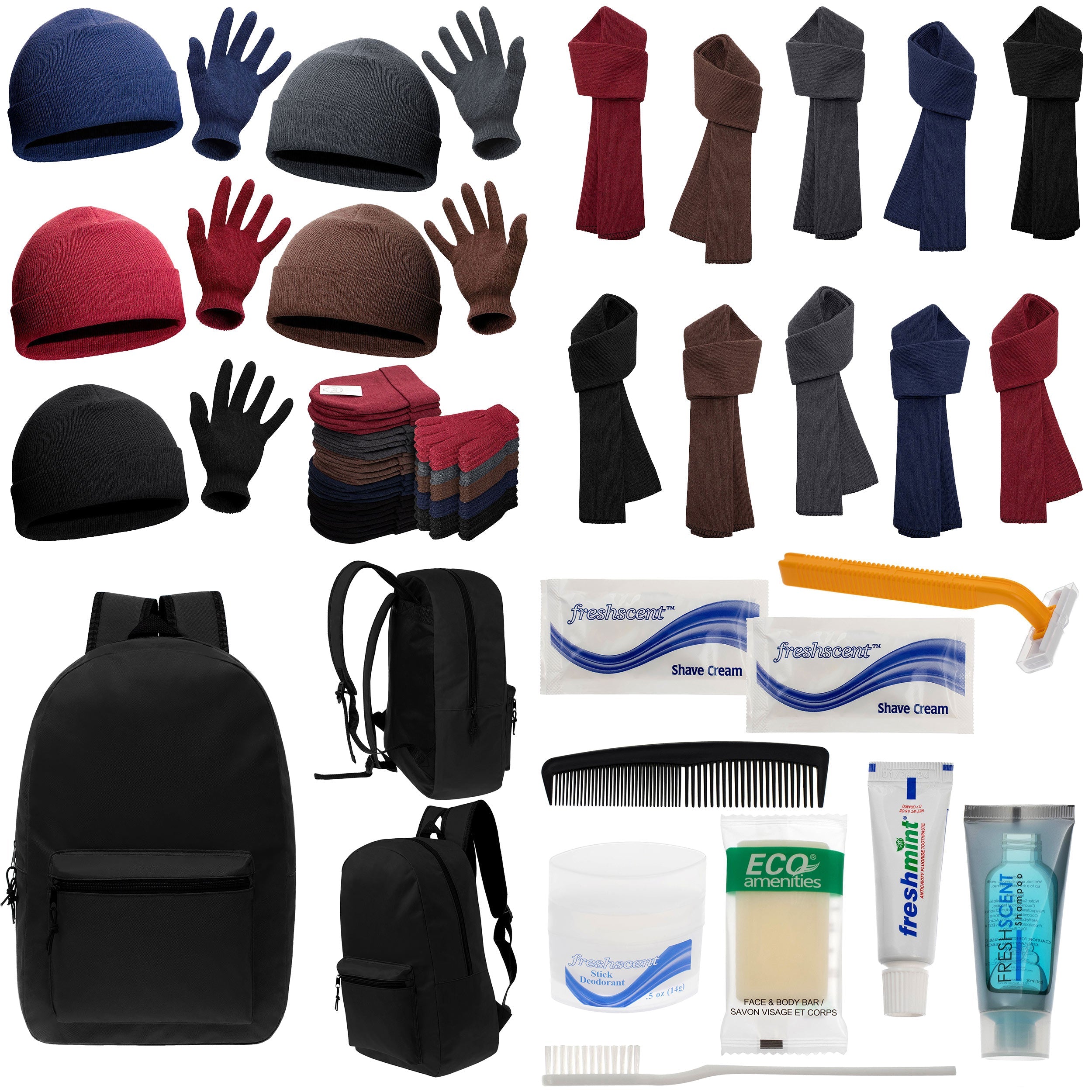 12 Basic Black 17" Backpacks with 12 Winter Item Sets & Your Choice of 12 Bulk Hygiene Kits - Wholesale Homeless Care Package