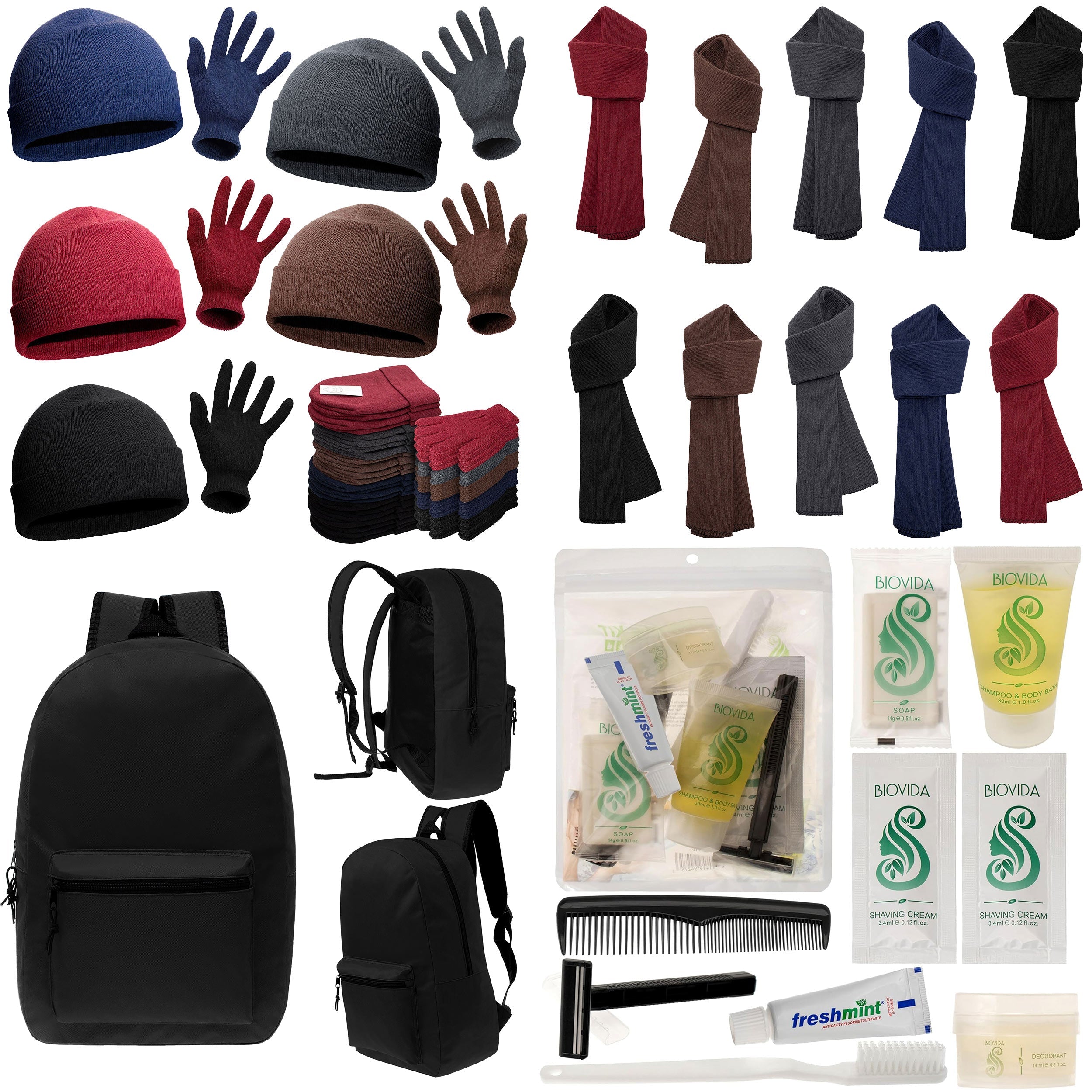 12 Basic Black 17" Backpacks with 12 Winter Item Sets & Your Choice of 12 Bulk Hygiene Kits - Wholesale Homeless Care Package