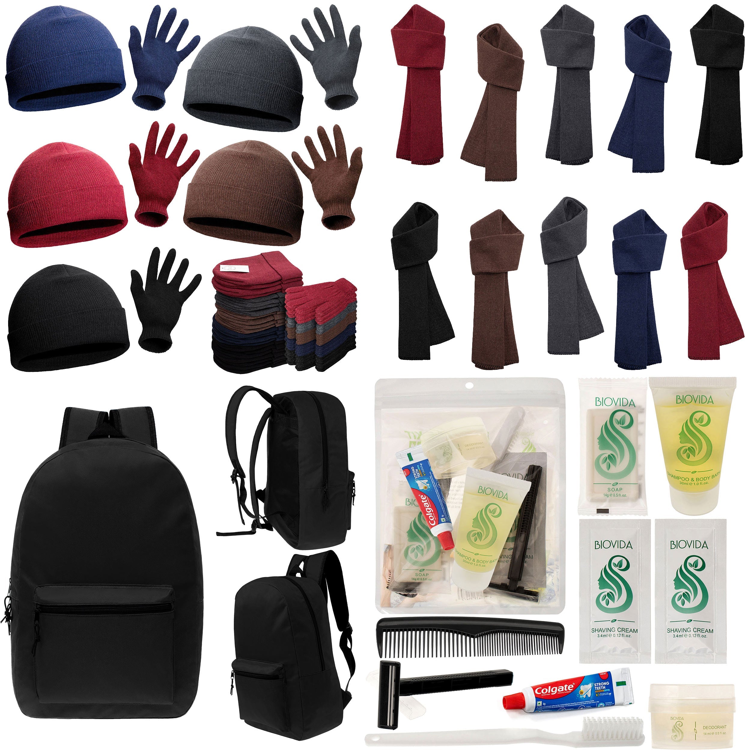 12 Basic Black 17" Backpacks with 12 Winter Item Sets & Your Choice of 12 Bulk Hygiene Kits - Wholesale Homeless Care Package