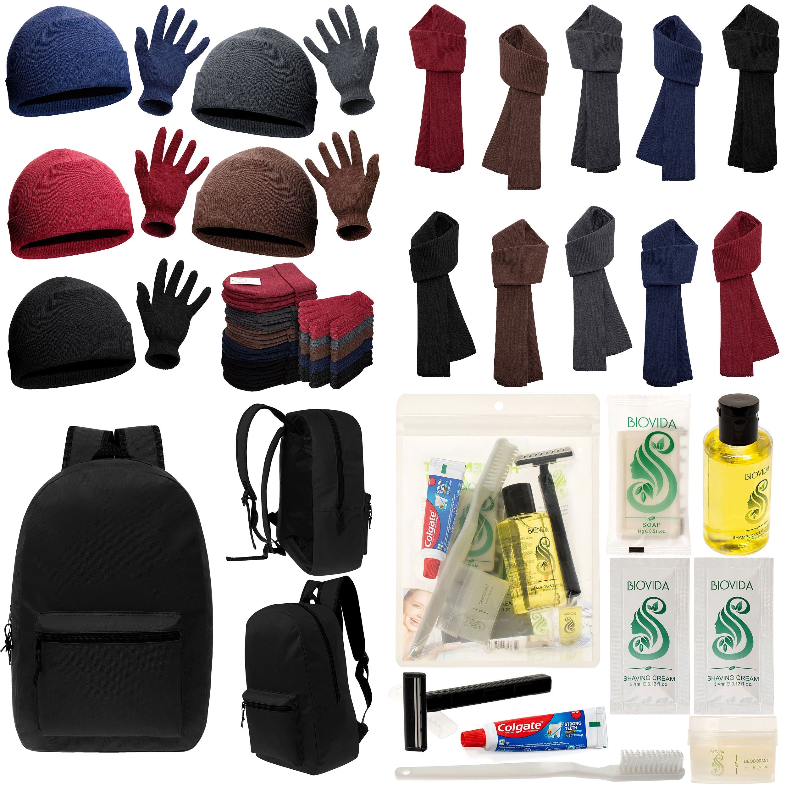 12 Basic Black 17" Backpacks with 12 Winter Item Sets & Your Choice of 12 Bulk Hygiene Kits - Wholesale Homeless Care Package