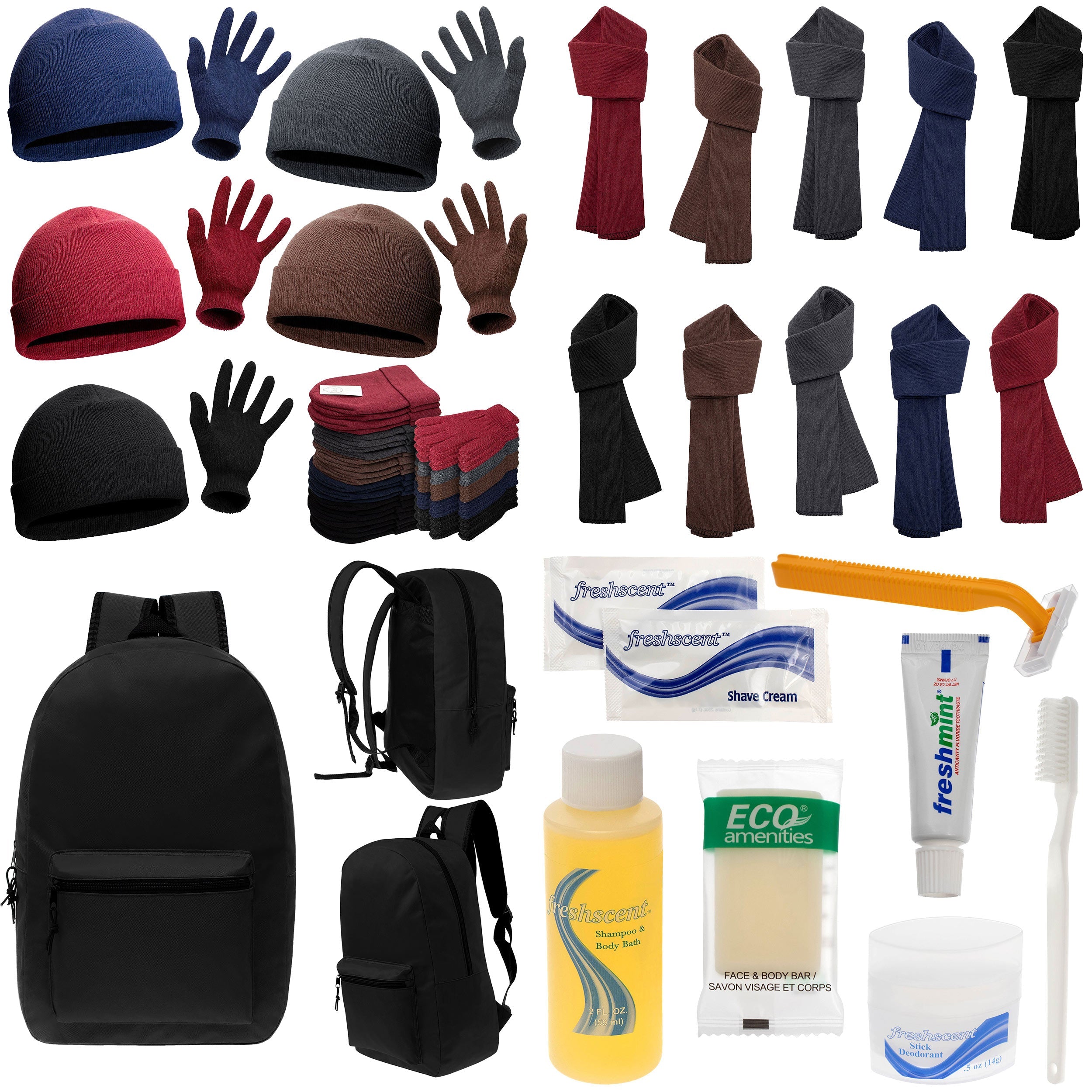 12 Basic Black 17" Backpacks with 12 Winter Item Sets & Your Choice of 12 Bulk Hygiene Kits - Wholesale Homeless Care Package