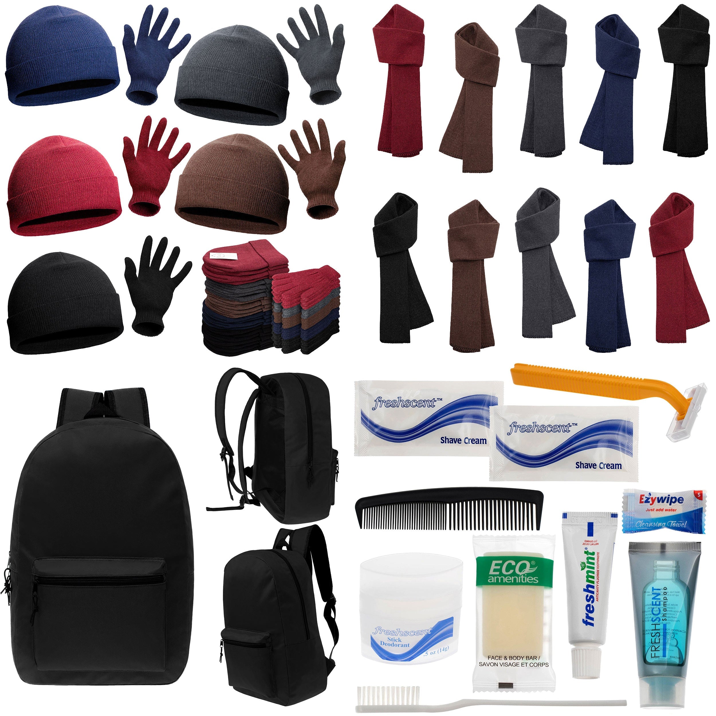 12 Basic Black 17" Backpacks with 12 Winter Item Sets & Your Choice of 12 Bulk Hygiene Kits - Wholesale Homeless Care Package