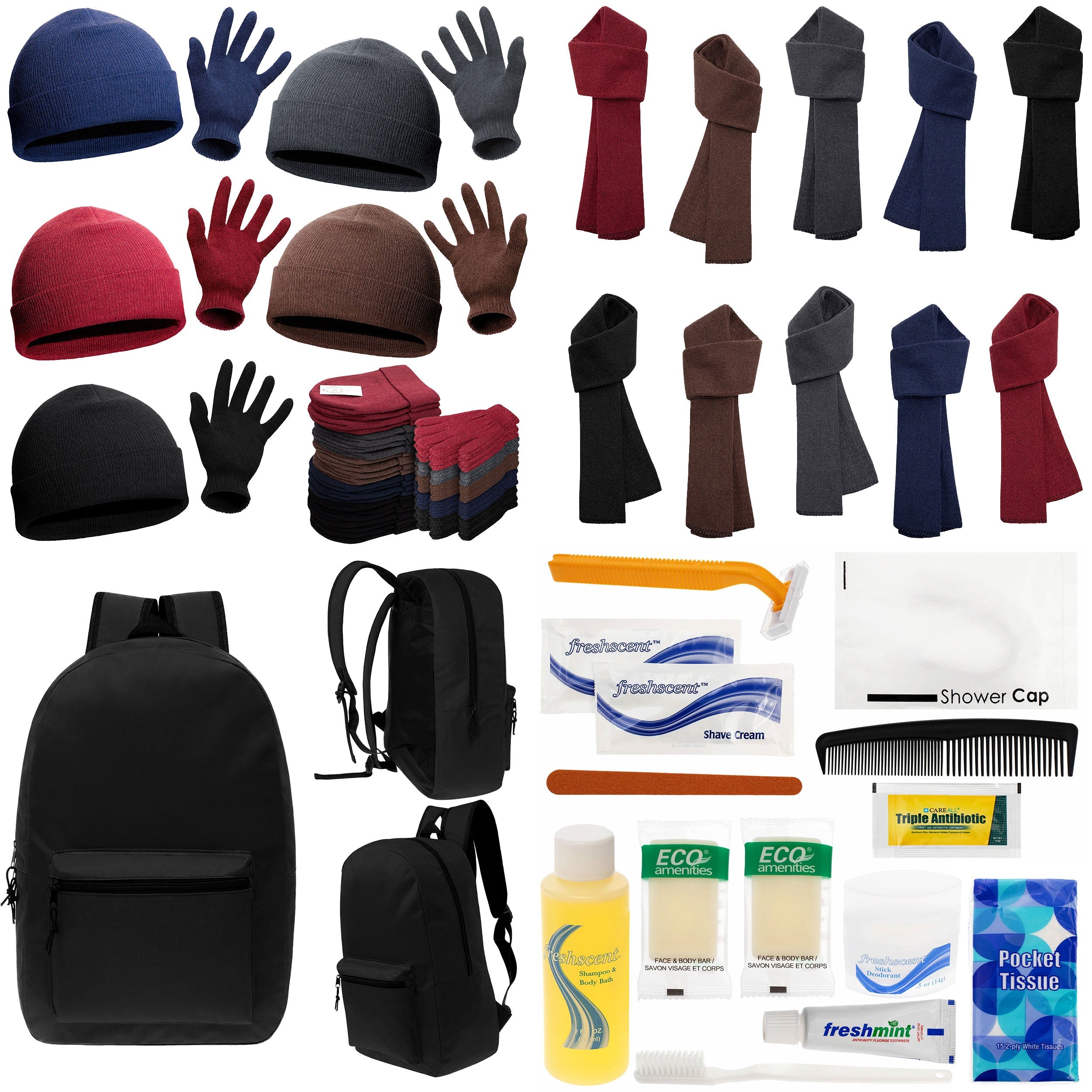 12 Basic Black 17" Backpacks with 12 Winter Item Sets & Your Choice of 12 Bulk Hygiene Kits - Wholesale Homeless Care Package