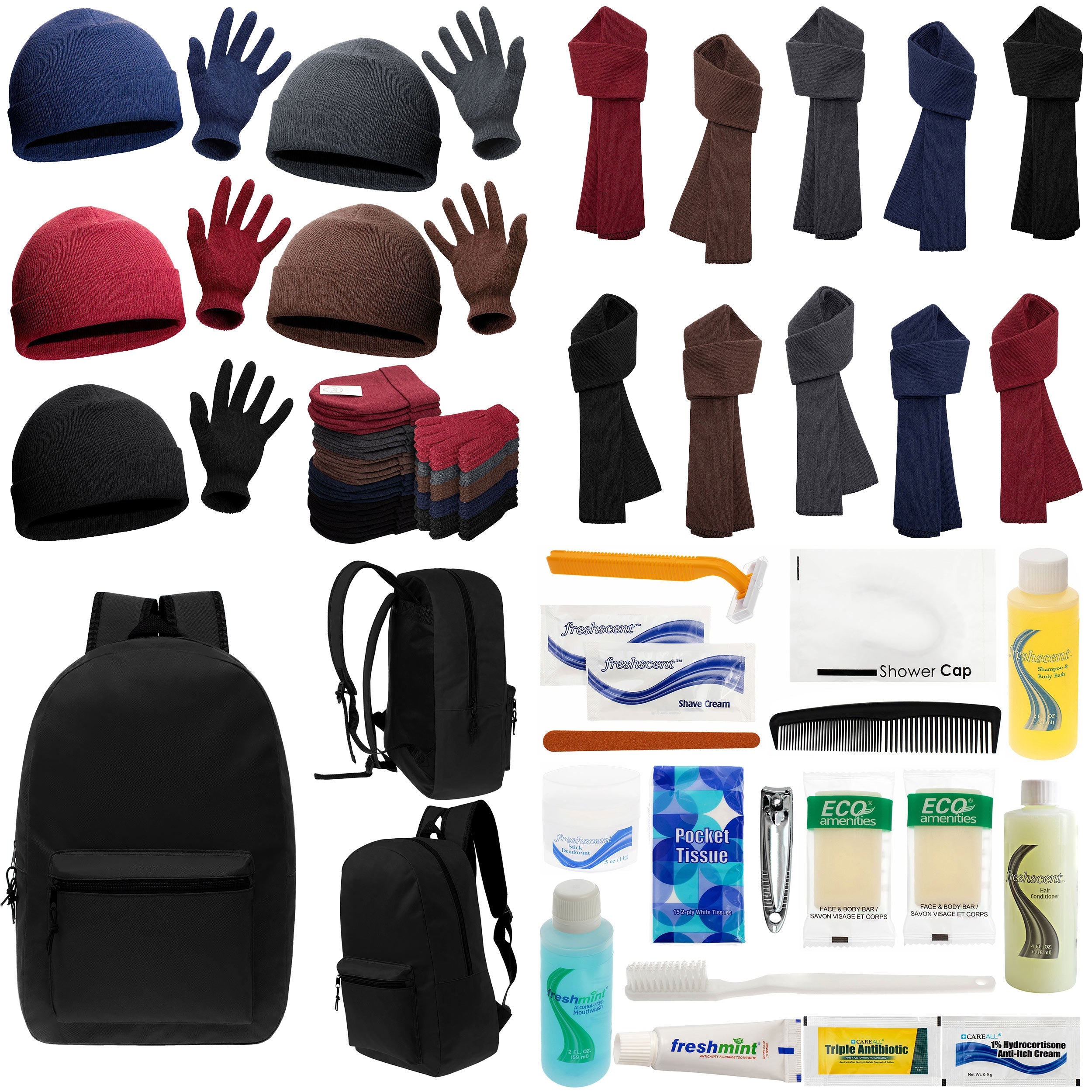 12 Basic Black 17" Backpacks with 12 Winter Item Sets & Your Choice of 12 Bulk Hygiene Kits - Wholesale Homeless Care Package