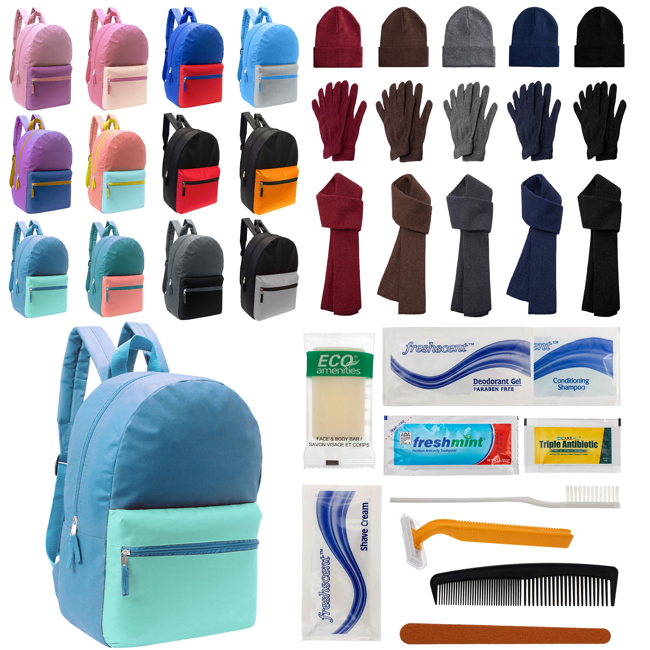 12 Basic Multi Color 17" Backpacks, 12 Winter Item Sets & Your Choice of 12 Bulk Hygiene Kits - Wholesale Homeless Care Package