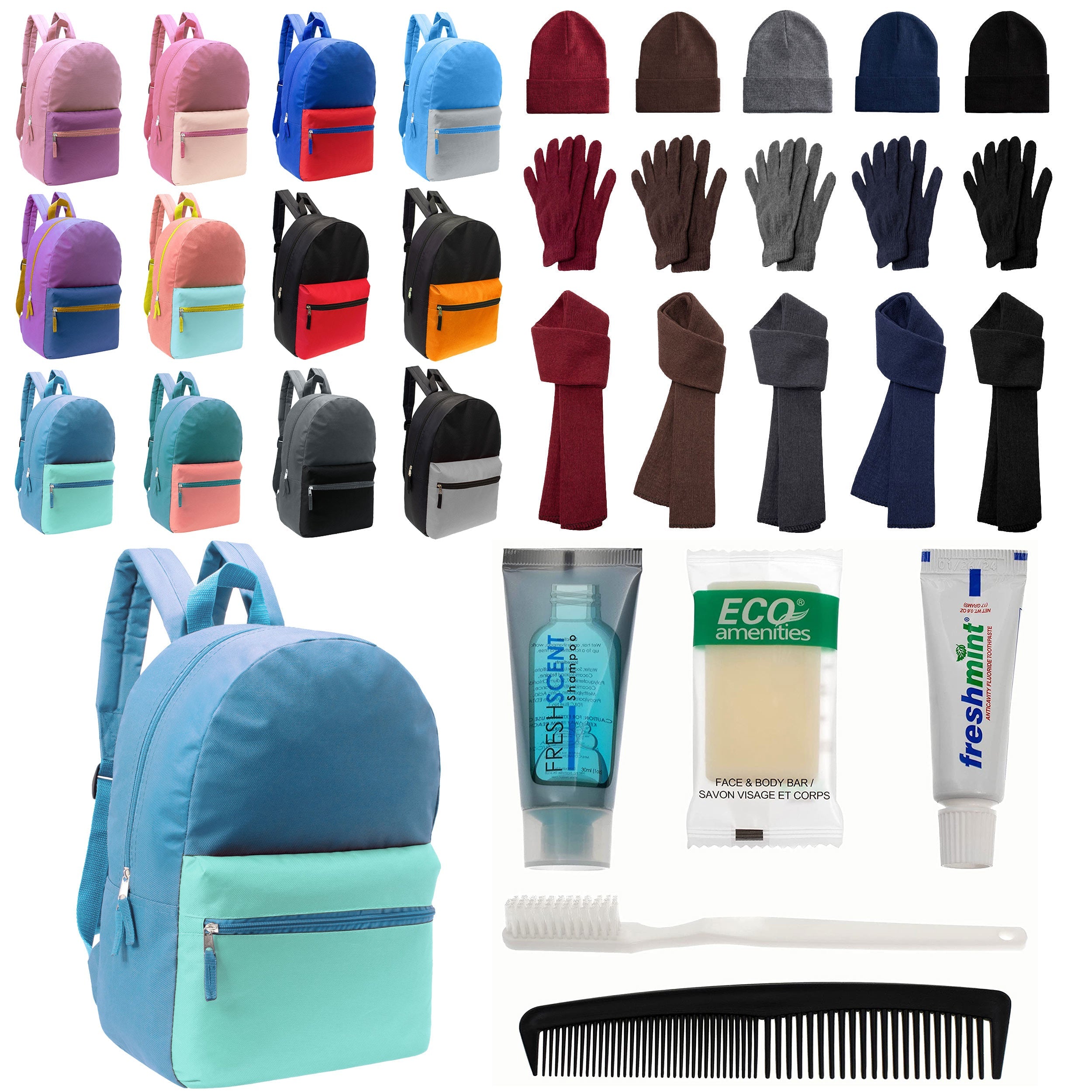 12 Basic Multi Color 17" Backpacks, 12 Winter Item Sets & Your Choice of 12 Bulk Hygiene Kits - Wholesale Homeless Care Package