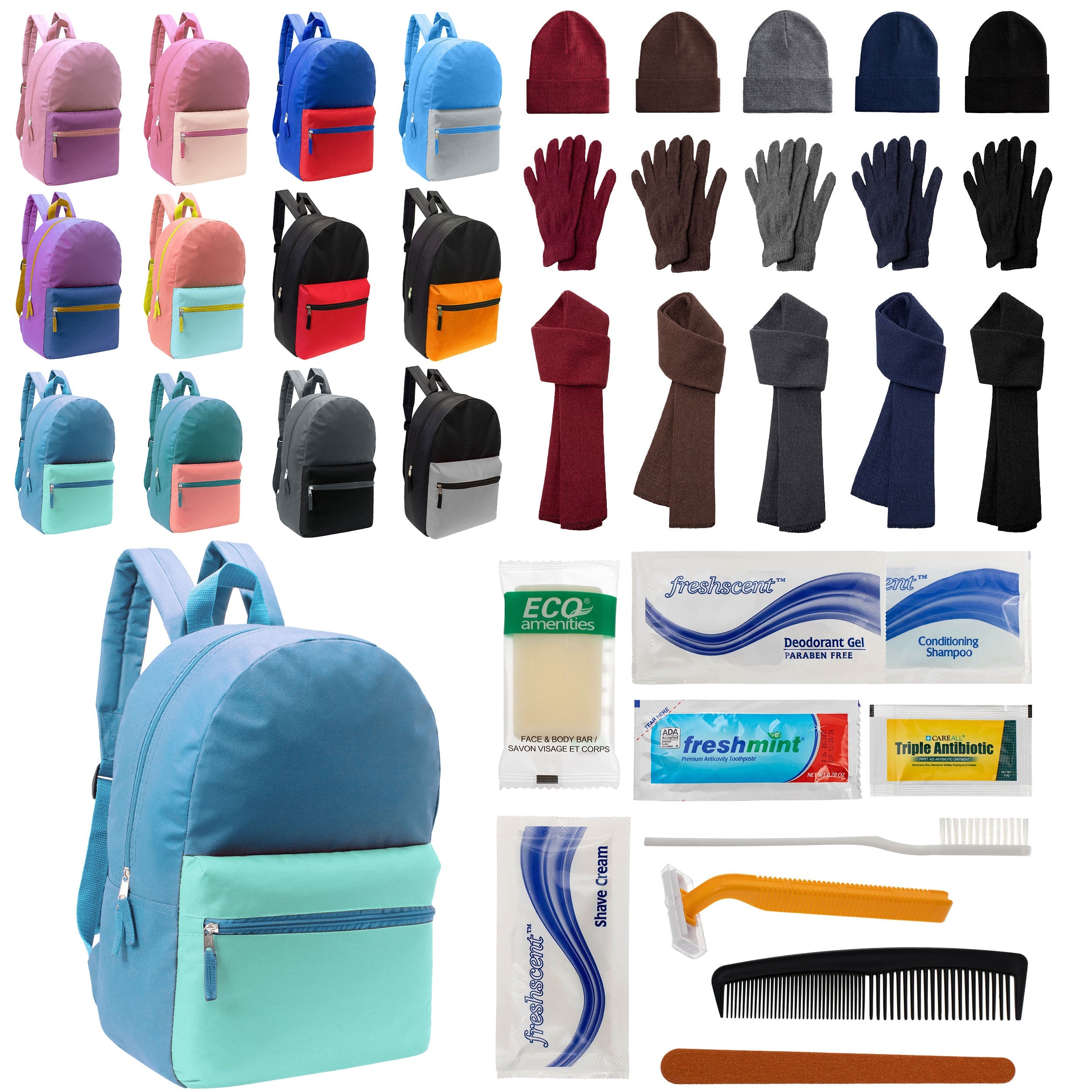 12 Basic Multi Color 17" Backpacks, 12 Winter Item Sets & Your Choice of 12 Bulk Hygiene Kits - Wholesale Homeless Care Package