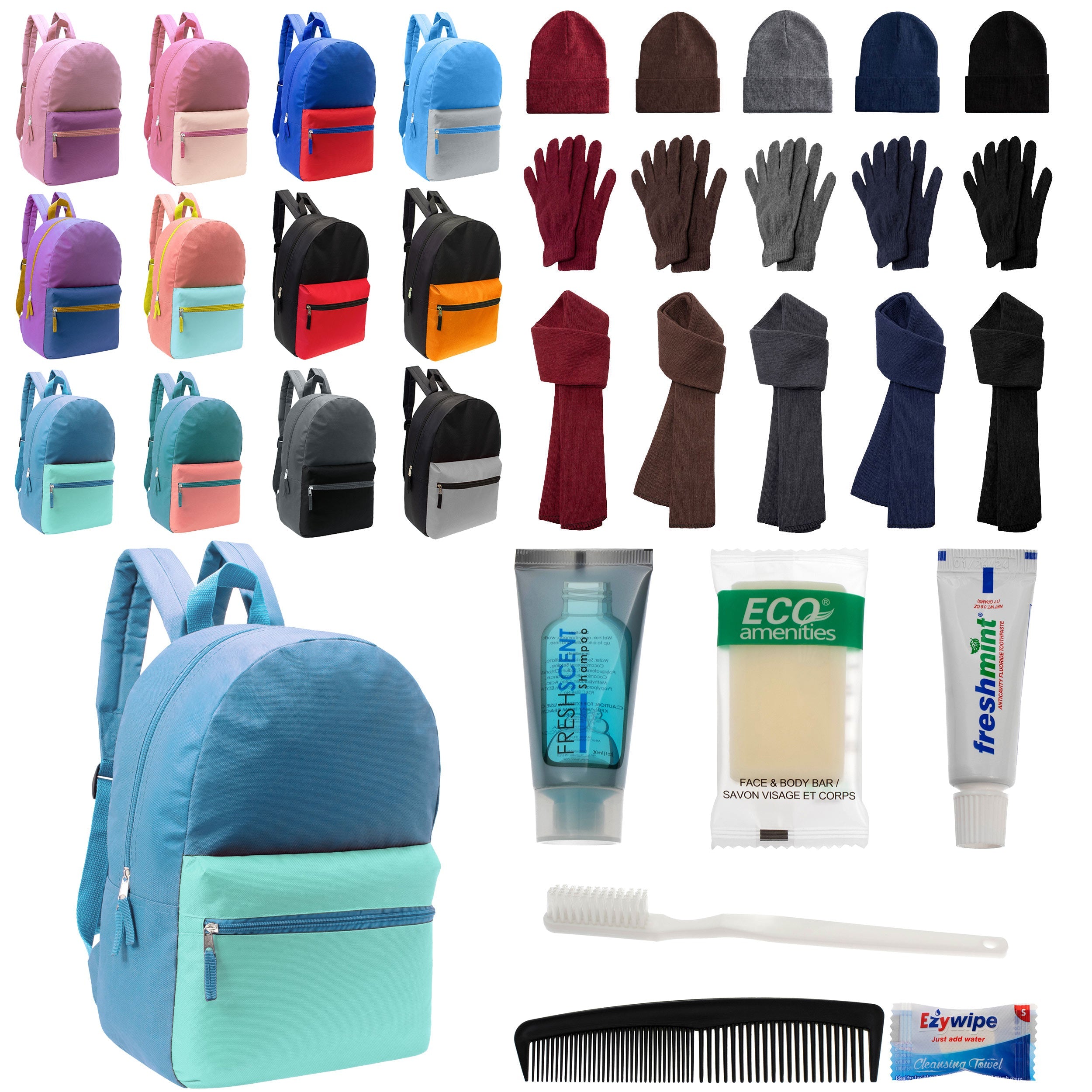 12 Basic Multi Color 17" Backpacks, 12 Winter Item Sets & Your Choice of 12 Bulk Hygiene Kits - Wholesale Homeless Care Package
