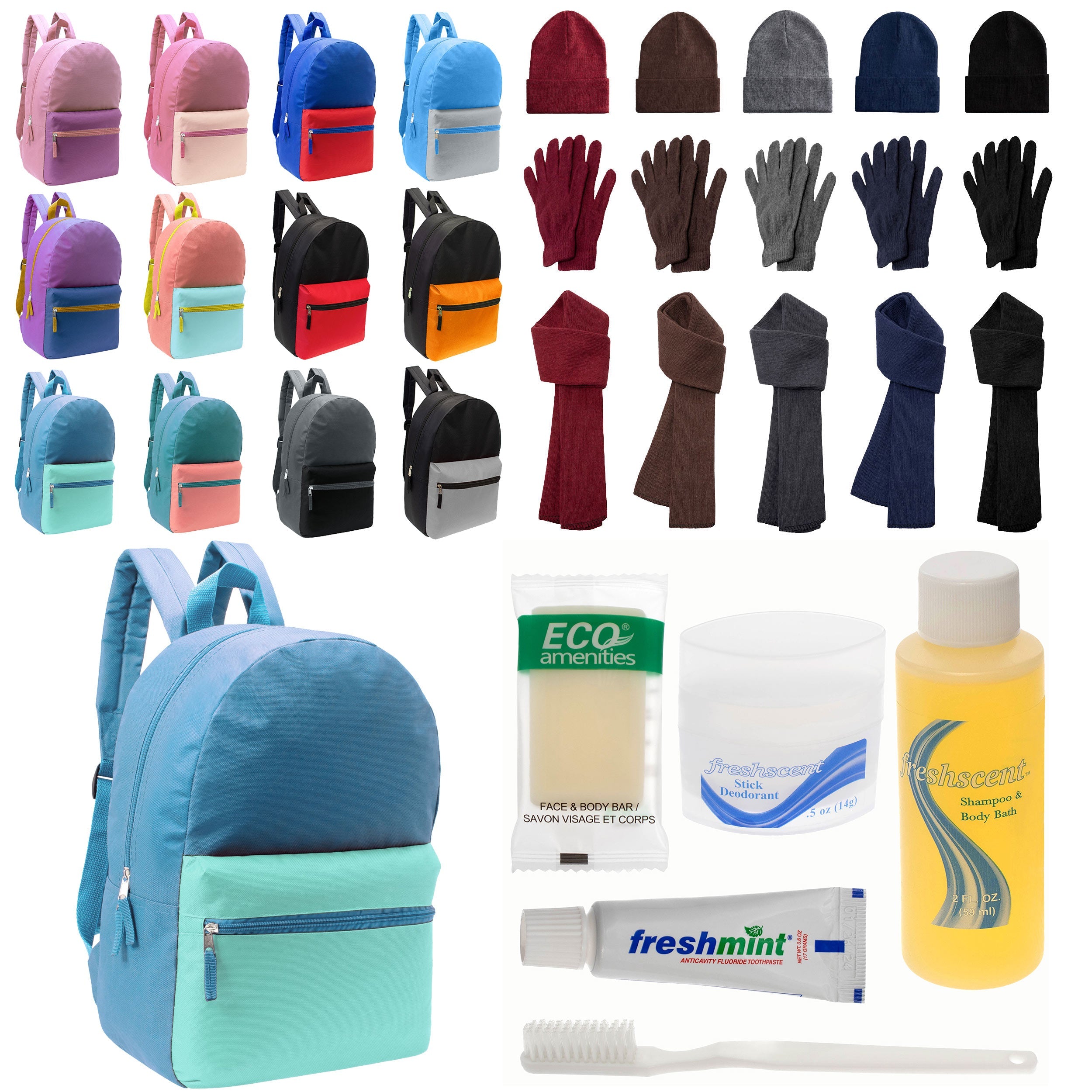12 Basic Multi Color 17" Backpacks, 12 Winter Item Sets & Your Choice of 12 Bulk Hygiene Kits - Wholesale Homeless Care Package