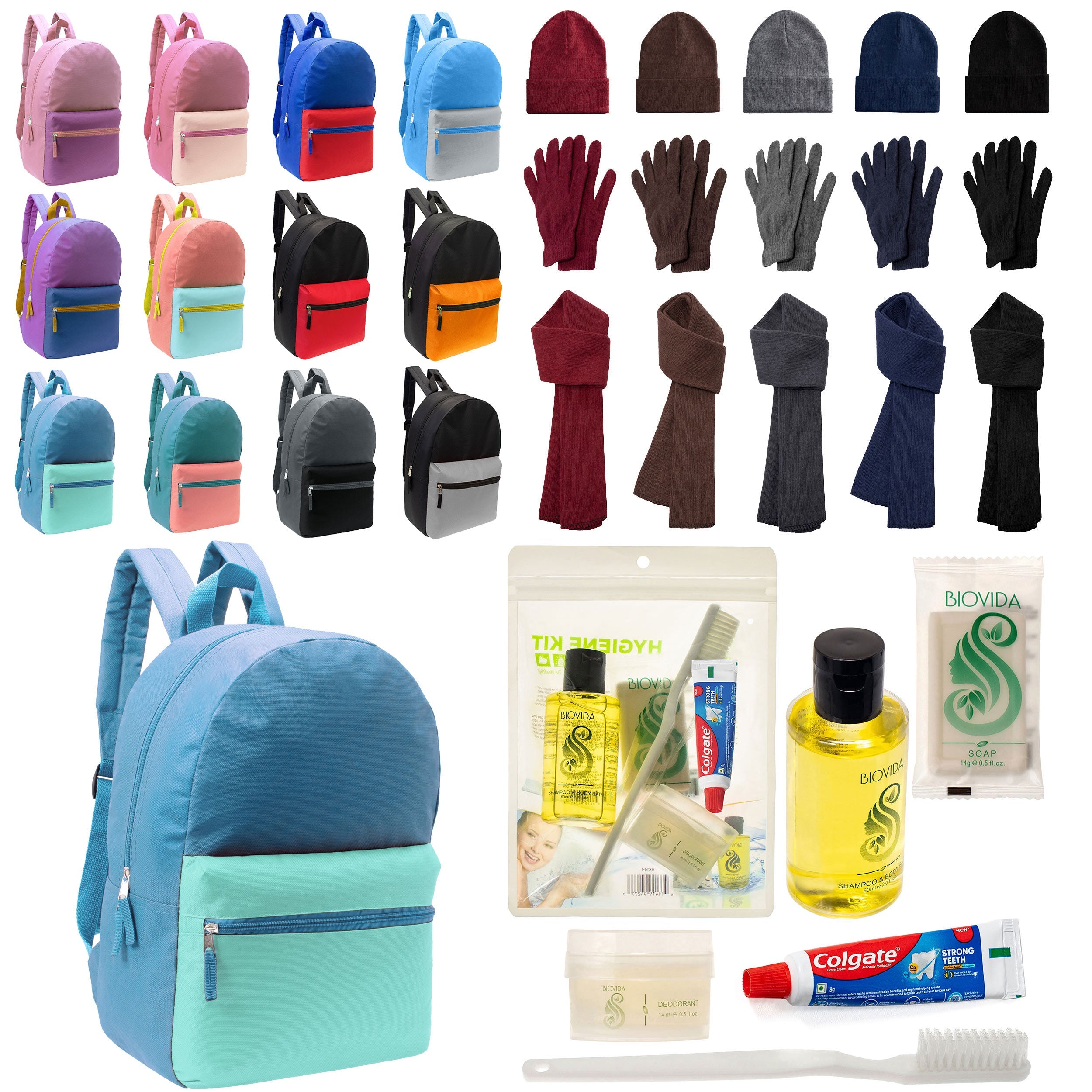 12 Basic Multi Color 17" Backpacks, 12 Winter Item Sets & Your Choice of 12 Bulk Hygiene Kits - Wholesale Homeless Care Package