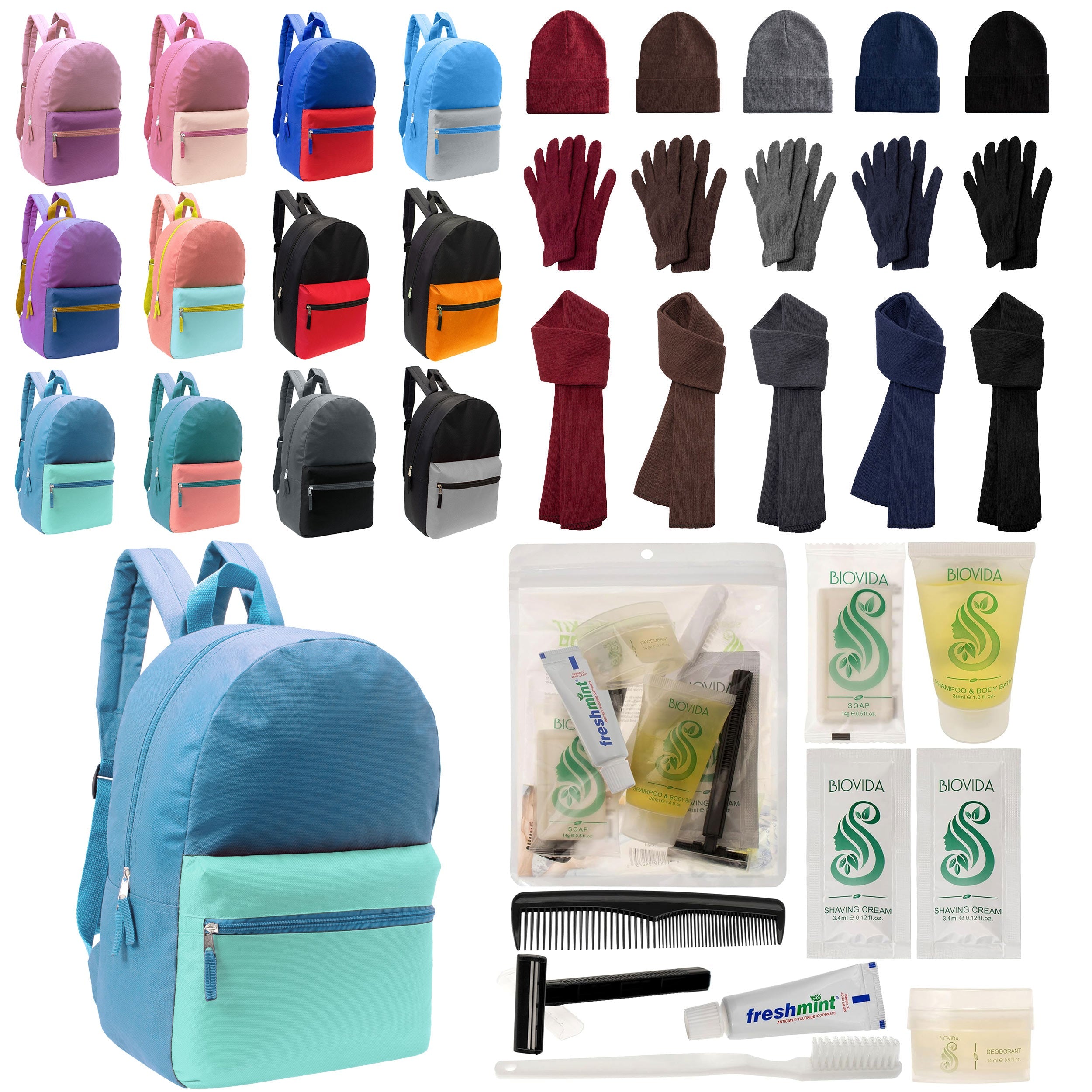 12 Basic Multi Color 17" Backpacks, 12 Winter Item Sets & Your Choice of 12 Bulk Hygiene Kits - Wholesale Homeless Care Package