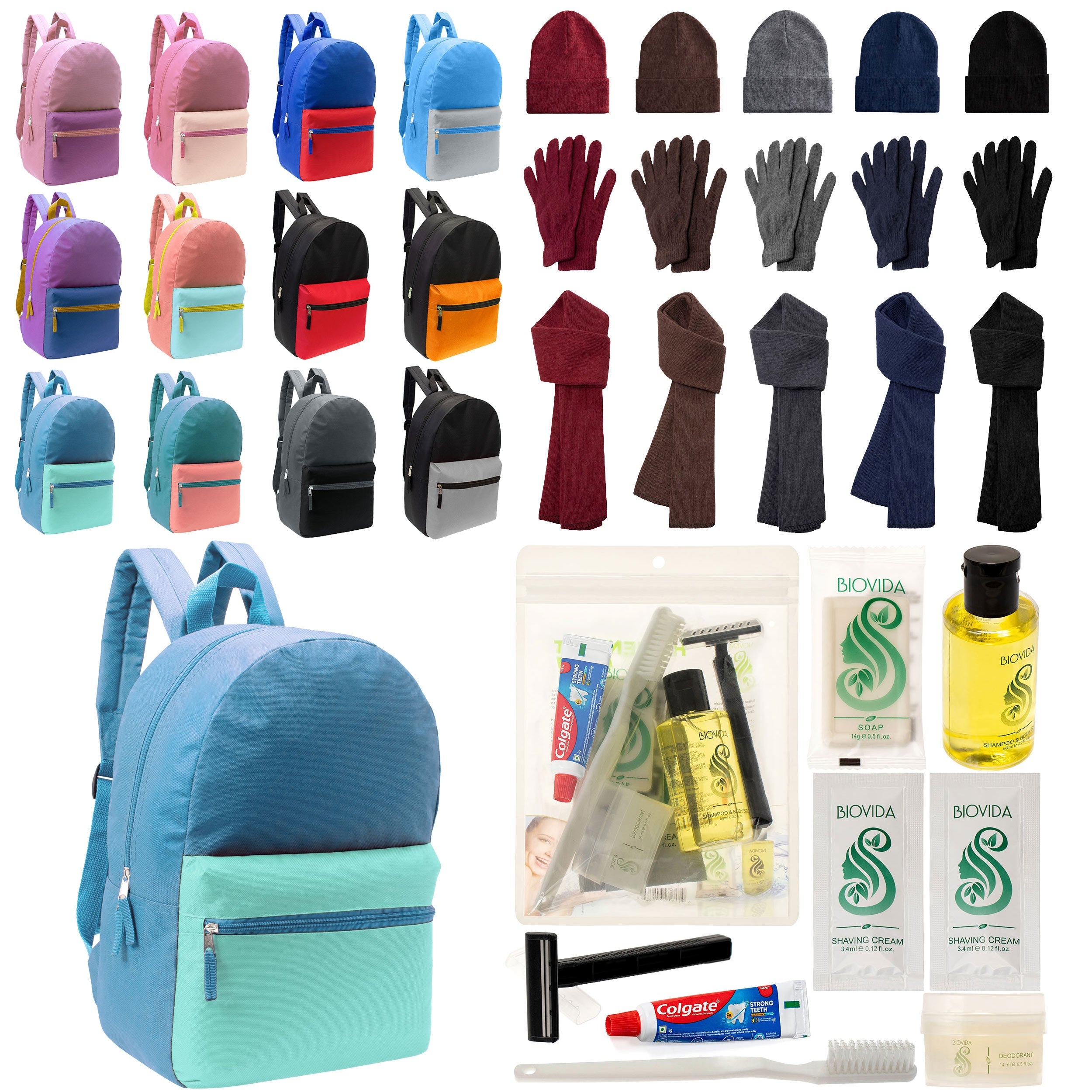 12 Basic Multi Color 17" Backpacks, 12 Winter Item Sets & Your Choice of 12 Bulk Hygiene Kits - Wholesale Homeless Care Package