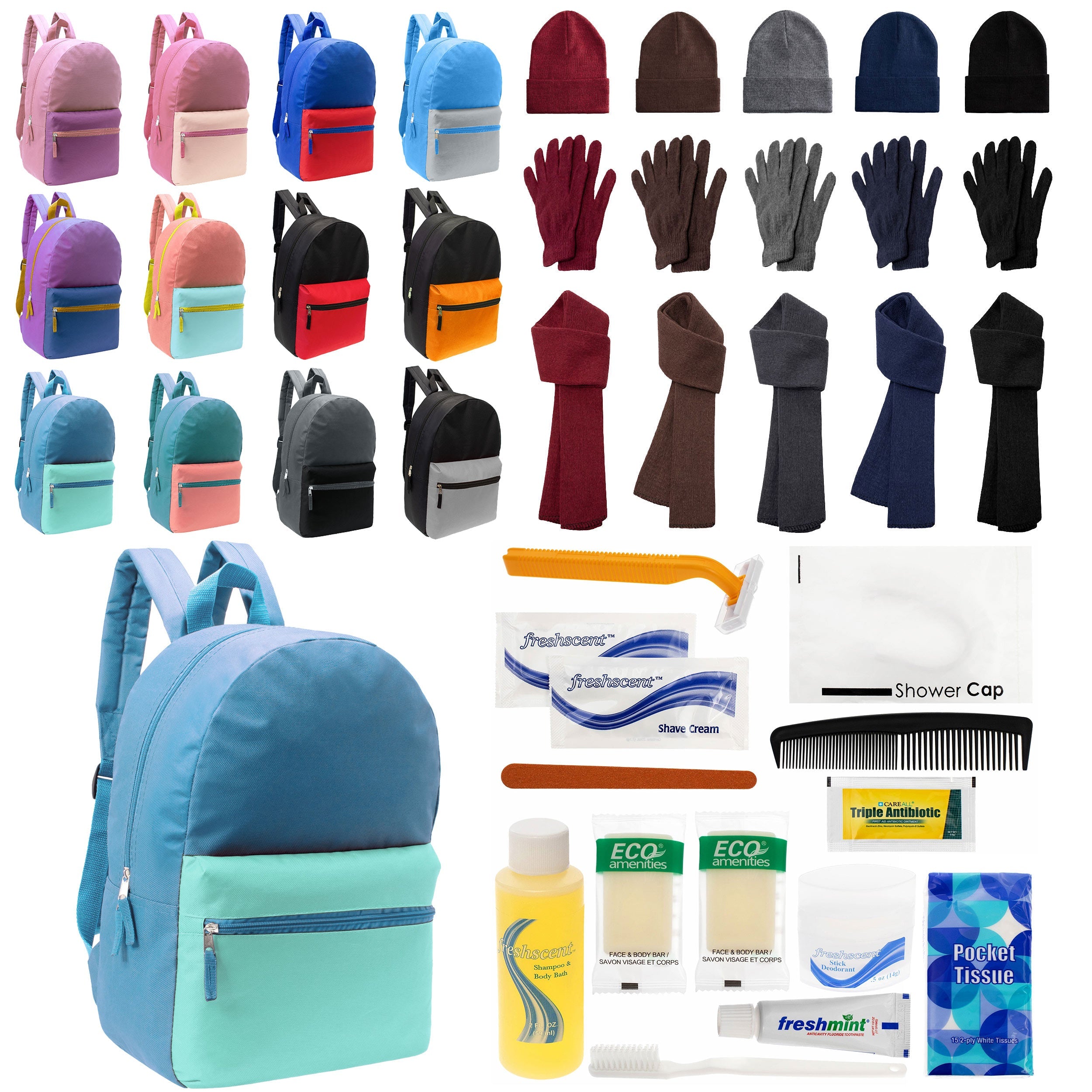 12 Basic Multi Color 17" Backpacks, 12 Winter Item Sets & Your Choice of 12 Bulk Hygiene Kits - Wholesale Homeless Care Package