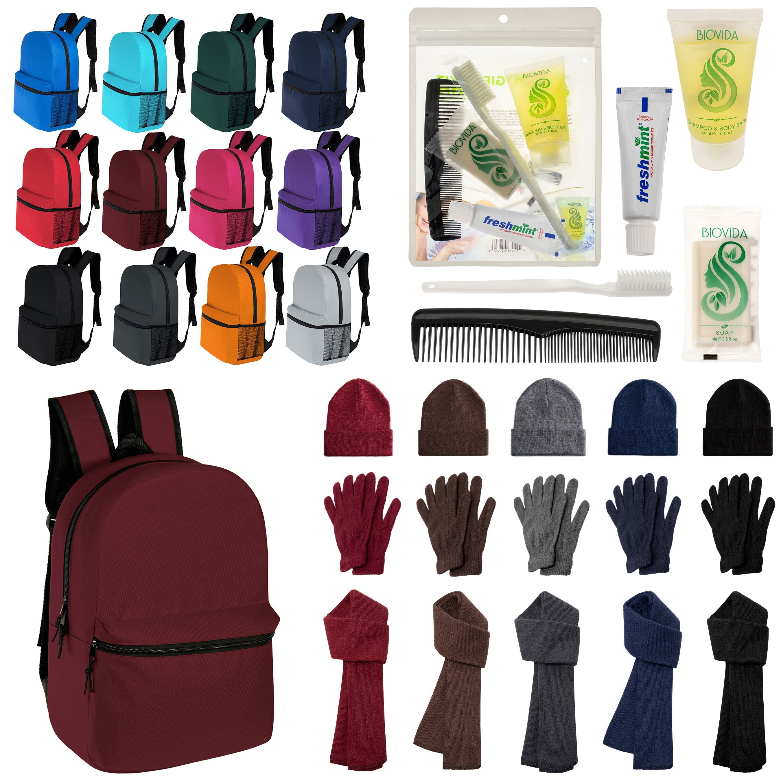 12 Classic 17" Backpacks in 12 Colors, 12 Winter Item Sets & Your Choice of 12 Bulk Hygiene Kits - Wholesale Homeless Care Package