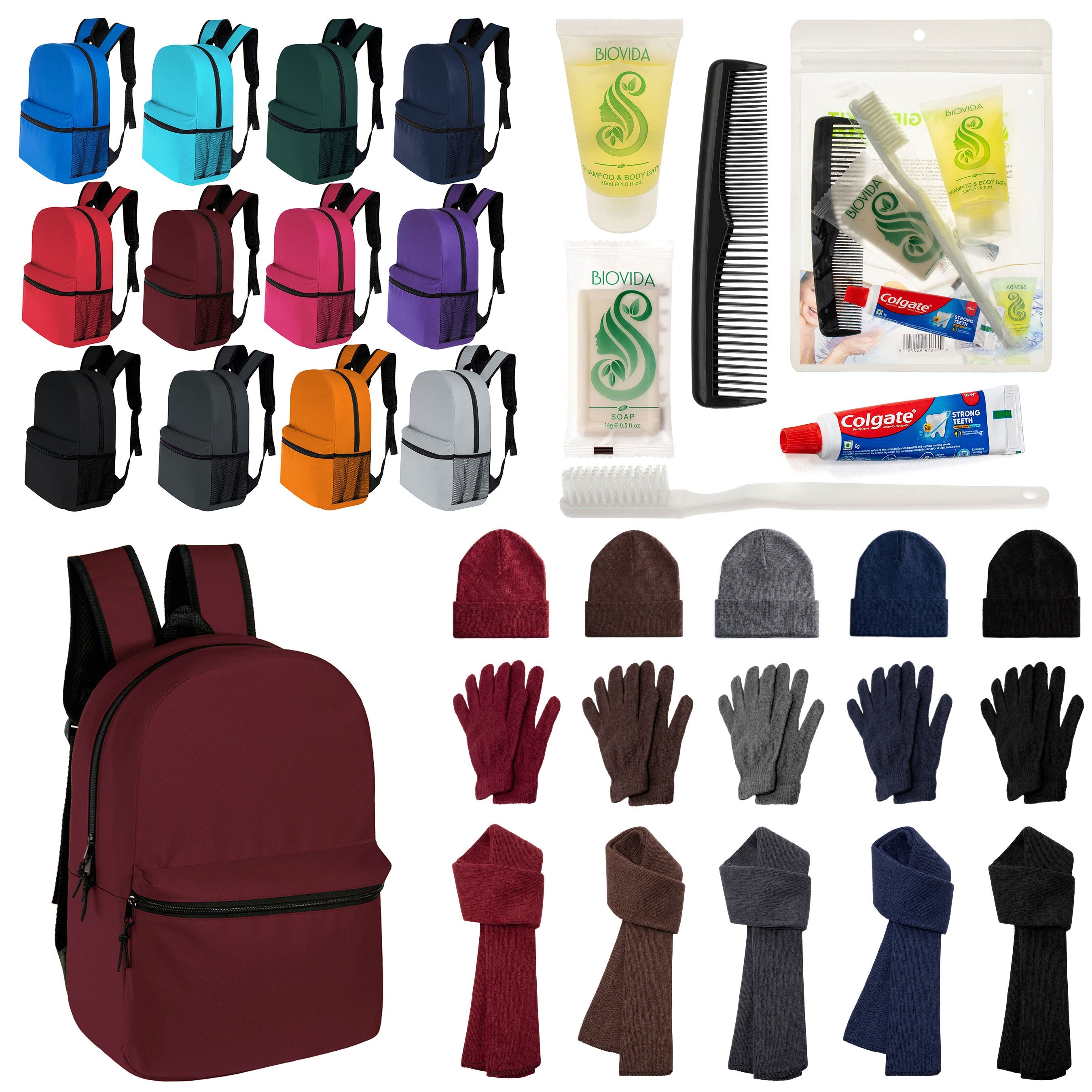 12 Classic 17" Backpacks in 12 Colors, 12 Winter Item Sets & Your Choice of 12 Bulk Hygiene Kits - Wholesale Homeless Care Package