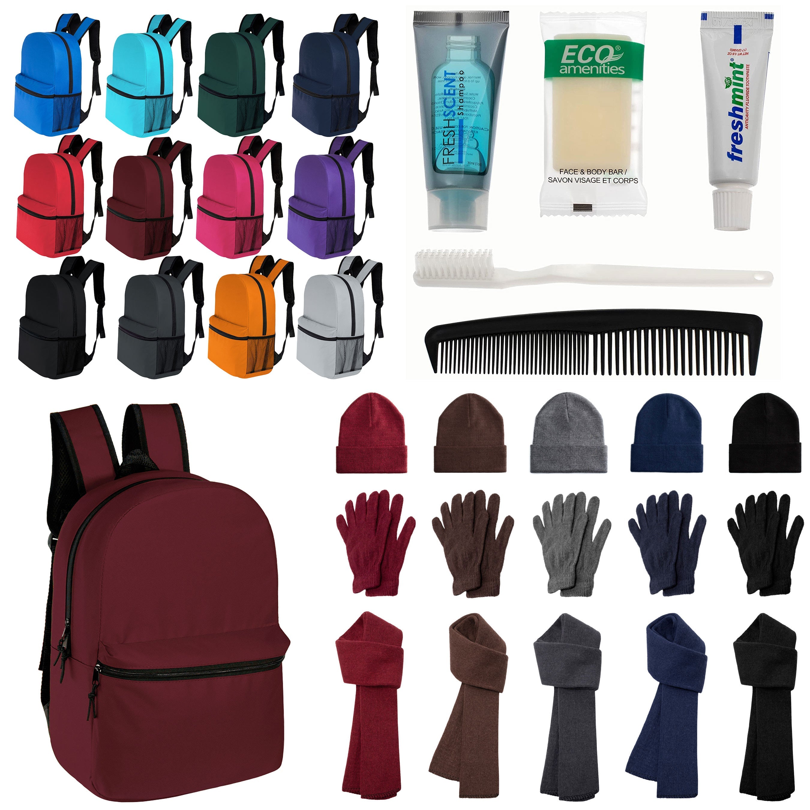 12 Classic 17" Backpacks in 12 Colors, 12 Winter Item Sets & Your Choice of 12 Bulk Hygiene Kits - Wholesale Homeless Care Package
