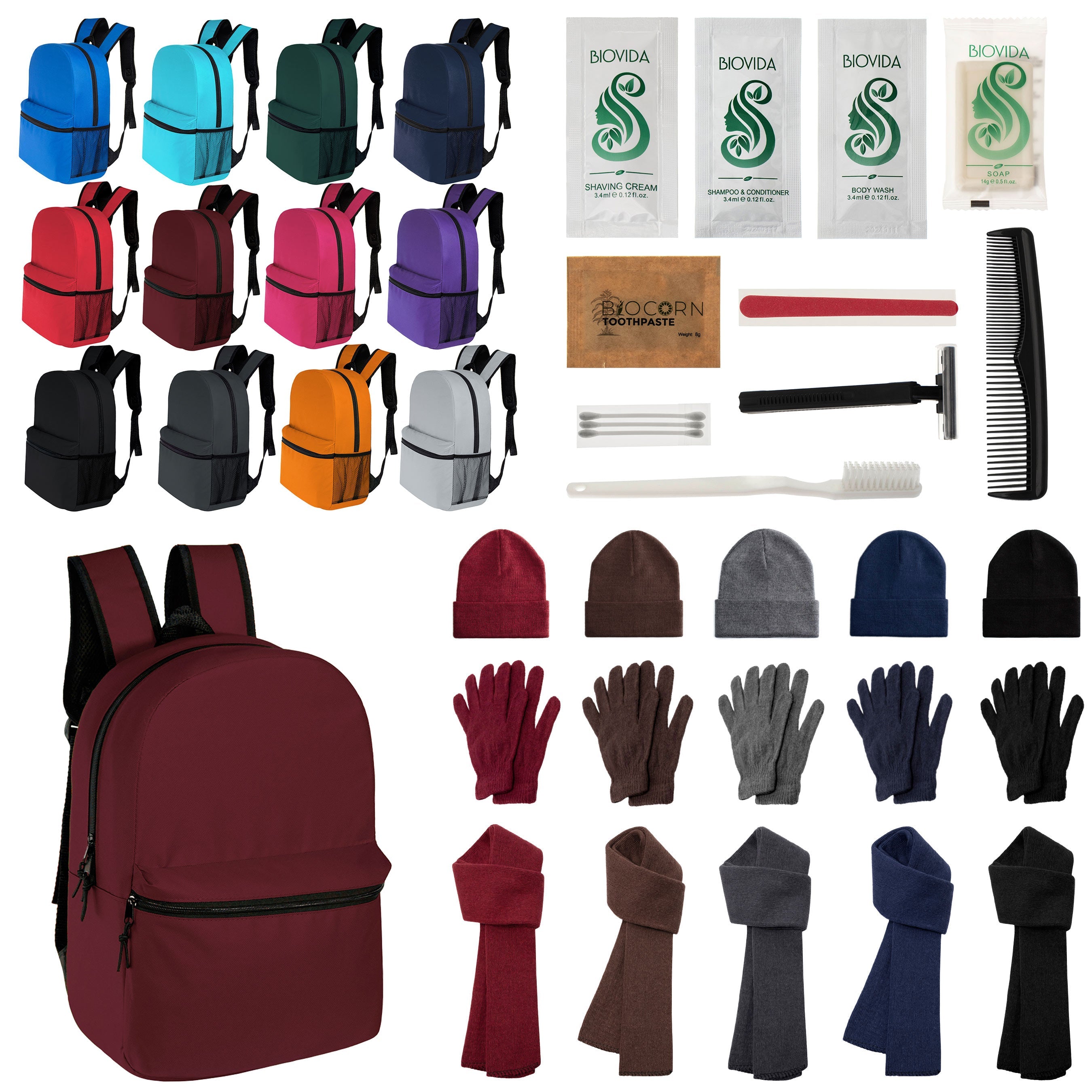 12 Classic 17" Backpacks in 12 Colors, 12 Winter Item Sets & Your Choice of 12 Bulk Hygiene Kits - Wholesale Homeless Care Package