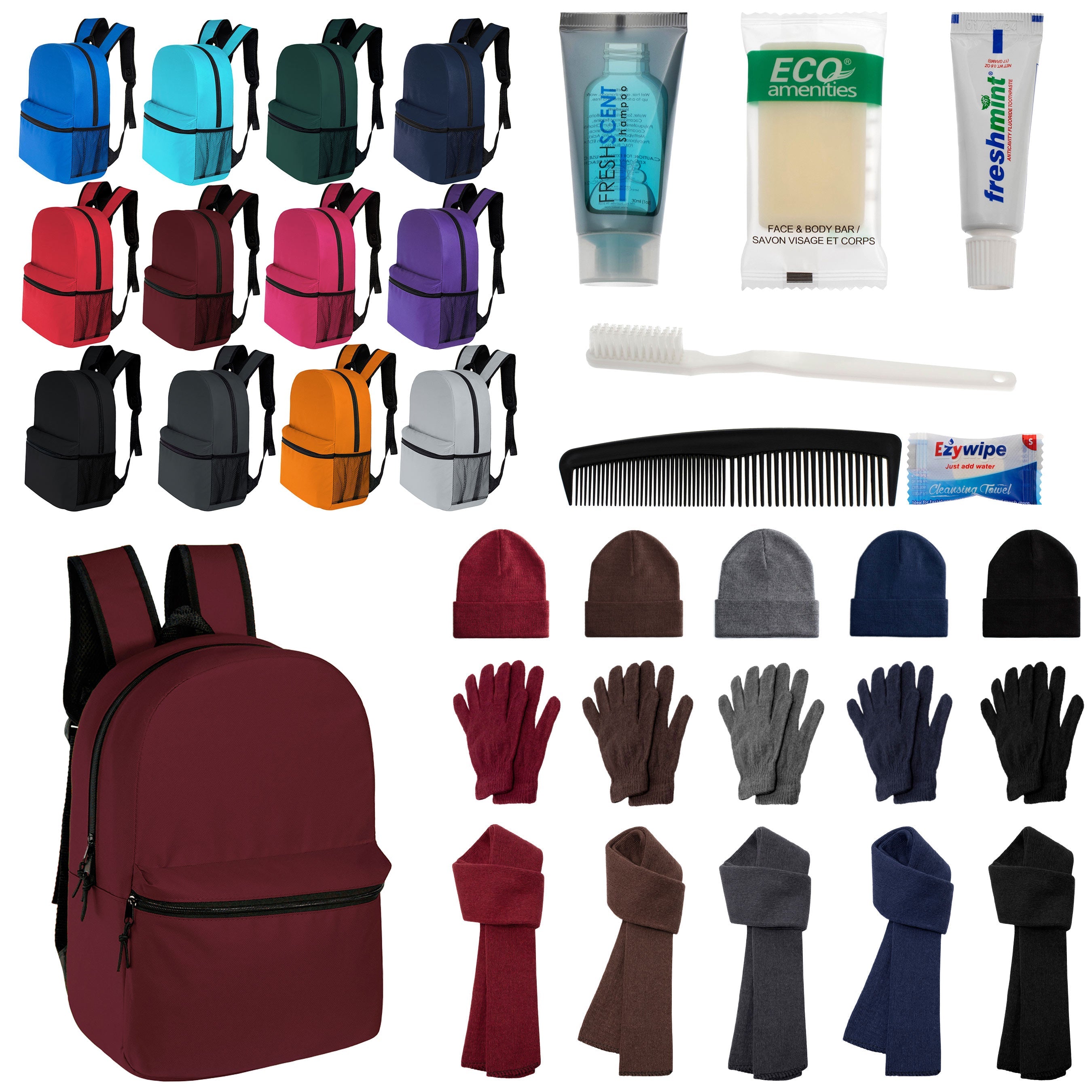 12 Classic 17" Backpacks in 12 Colors, 12 Winter Item Sets & Your Choice of 12 Bulk Hygiene Kits - Wholesale Homeless Care Package