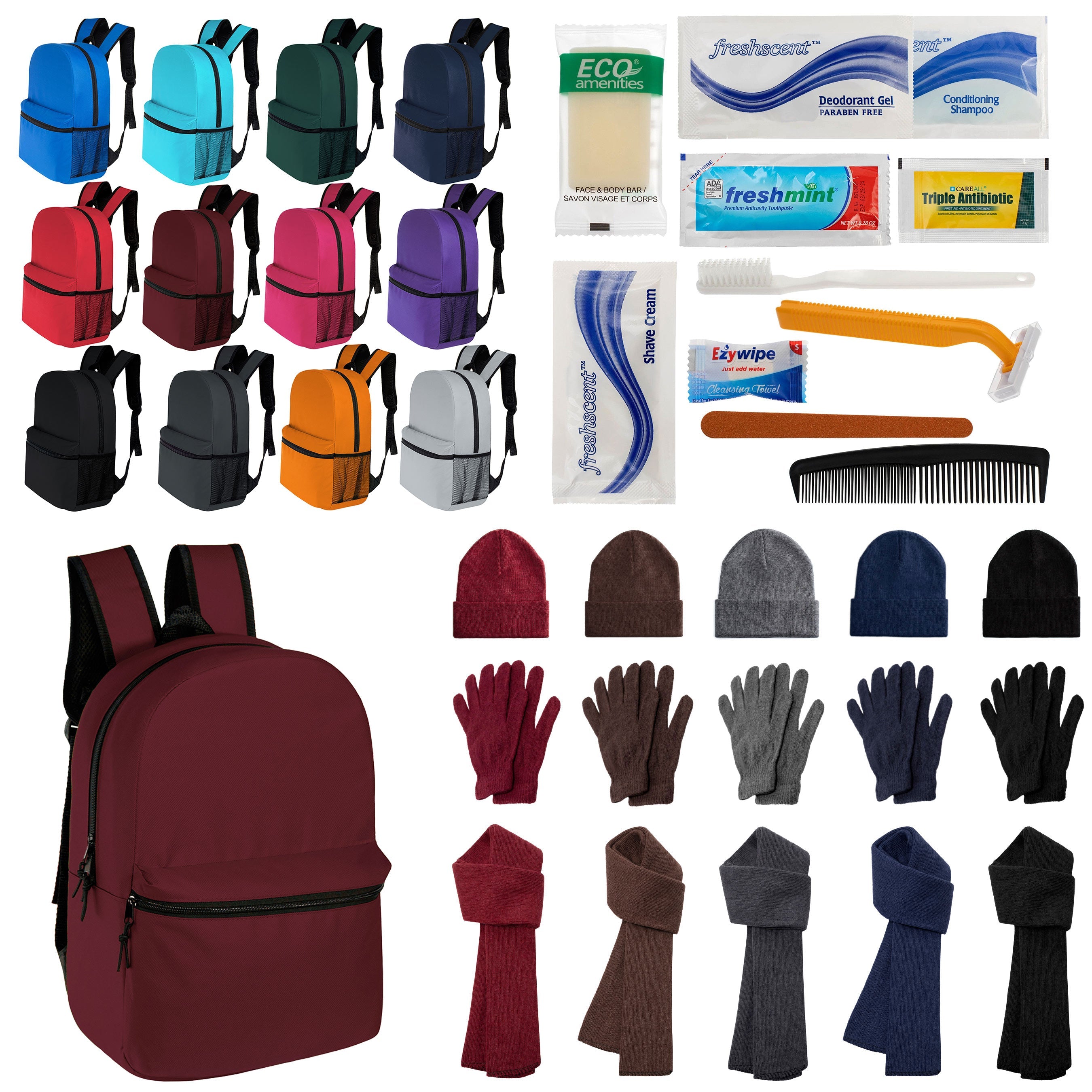 12 Classic 17" Backpacks in 12 Colors, 12 Winter Item Sets & Your Choice of 12 Bulk Hygiene Kits - Wholesale Homeless Care Package