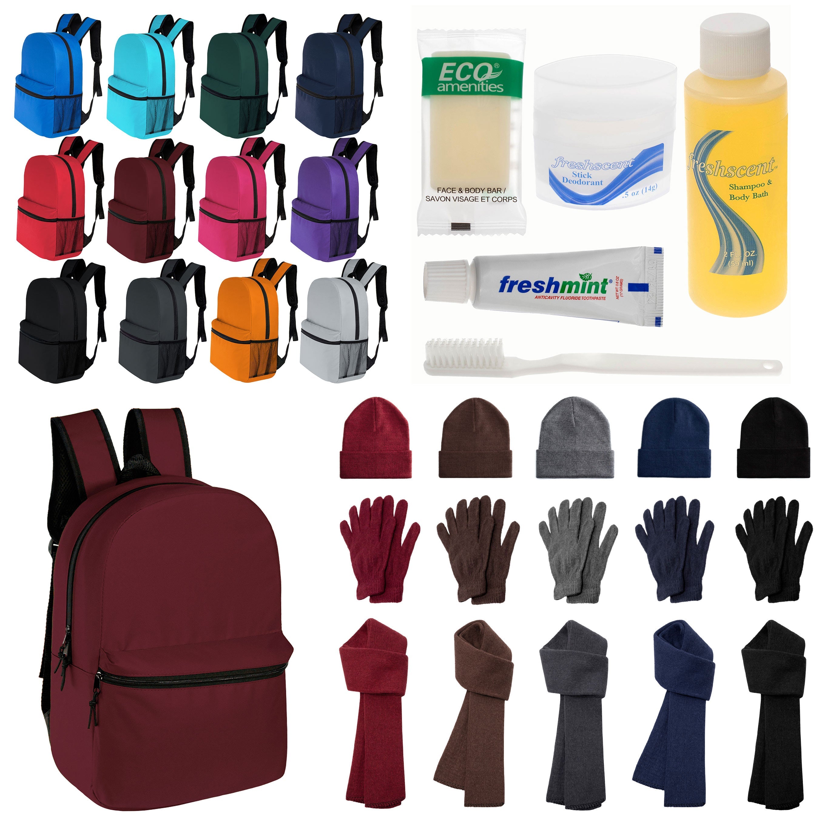 12 Classic 17" Backpacks in 12 Colors, 12 Winter Item Sets & Your Choice of 12 Bulk Hygiene Kits - Wholesale Homeless Care Package