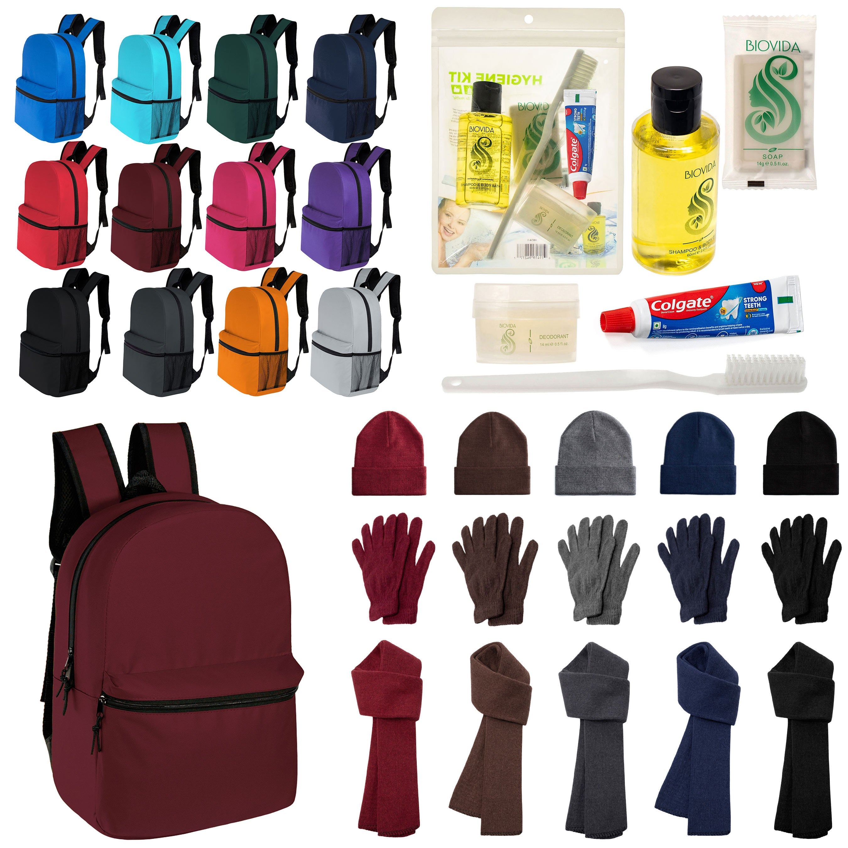12 Classic 17" Backpacks in 12 Colors, 12 Winter Item Sets & Your Choice of 12 Bulk Hygiene Kits - Wholesale Homeless Care Package