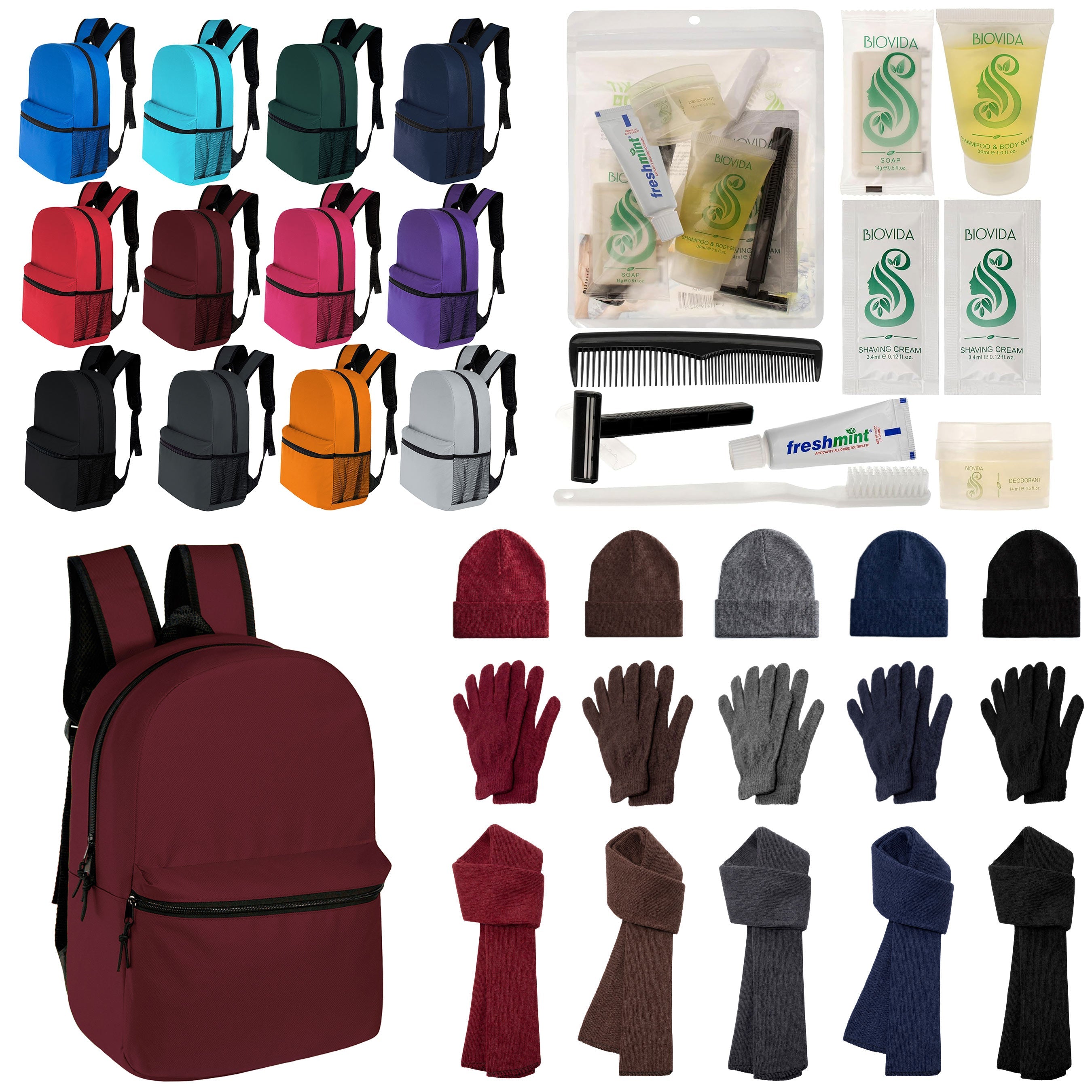12 Classic 17" Backpacks in 12 Colors, 12 Winter Item Sets & Your Choice of 12 Bulk Hygiene Kits - Wholesale Homeless Care Package