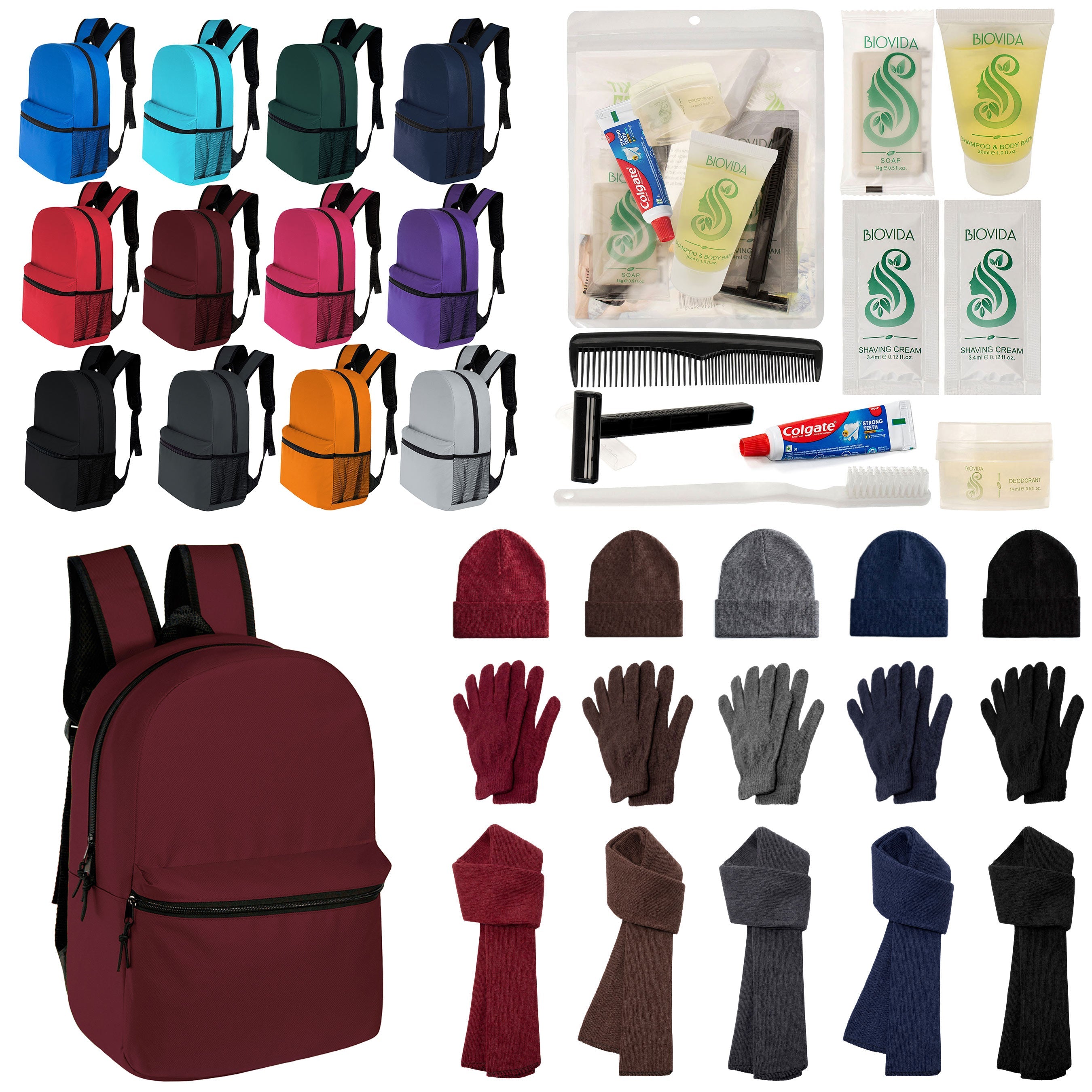 12 Classic 17" Backpacks in 12 Colors, 12 Winter Item Sets & Your Choice of 12 Bulk Hygiene Kits - Wholesale Homeless Care Package