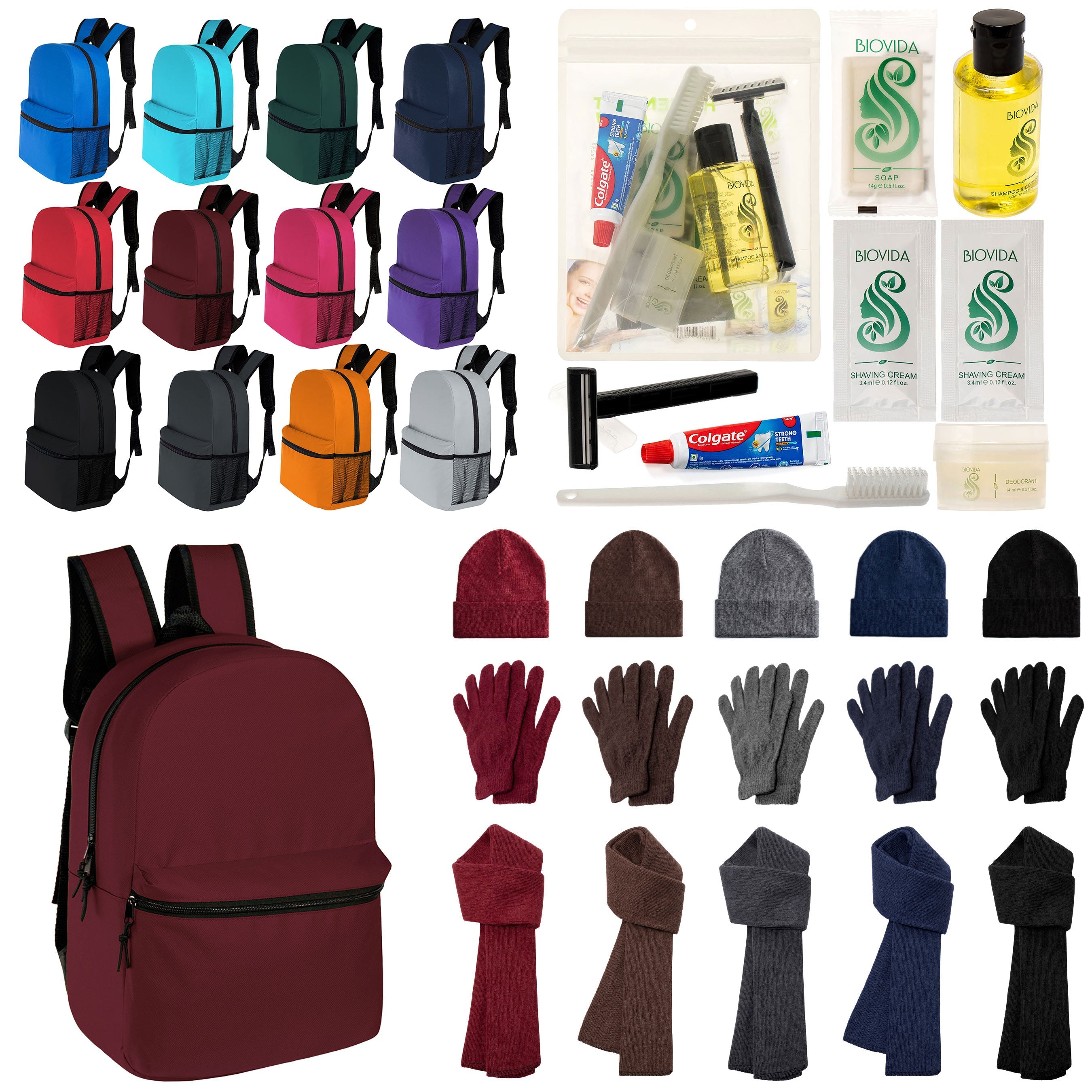 12 Classic 17" Backpacks in 12 Colors, 12 Winter Item Sets & Your Choice of 12 Bulk Hygiene Kits - Wholesale Homeless Care Package