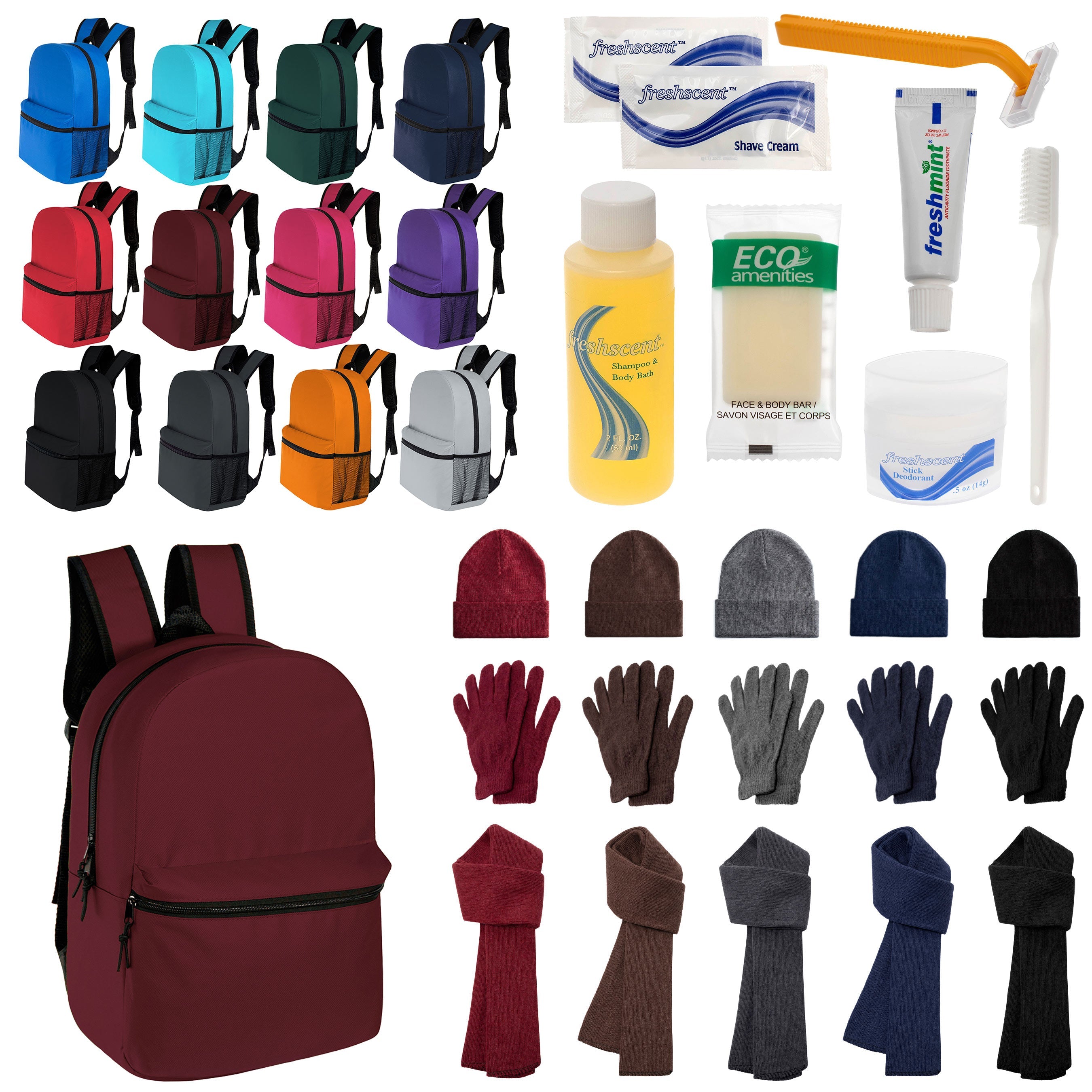 12 Classic 17" Backpacks in 12 Colors, 12 Winter Item Sets & Your Choice of 12 Bulk Hygiene Kits - Wholesale Homeless Care Package