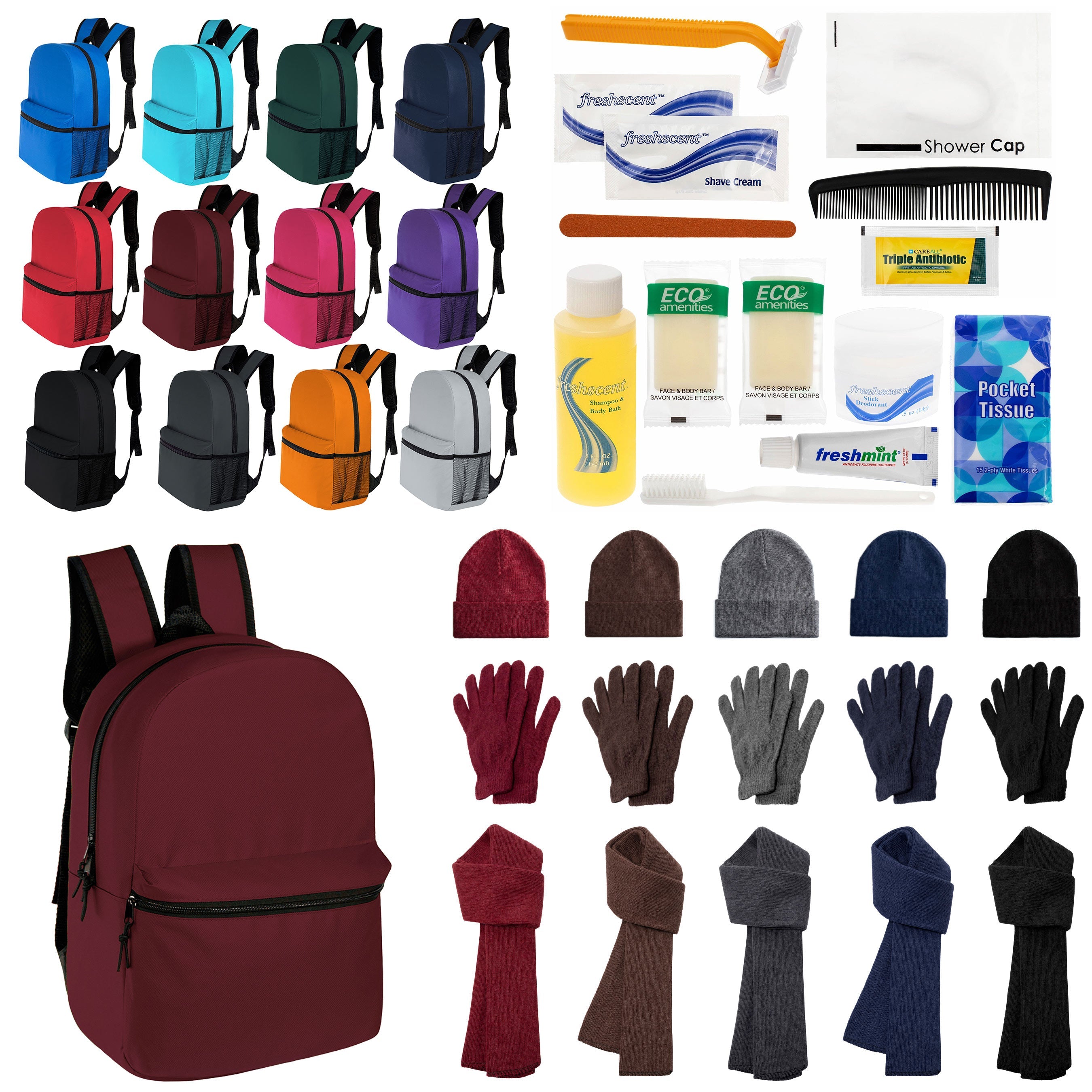 12 Classic 17" Backpacks in 12 Colors, 12 Winter Item Sets & Your Choice of 12 Bulk Hygiene Kits - Wholesale Homeless Care Package