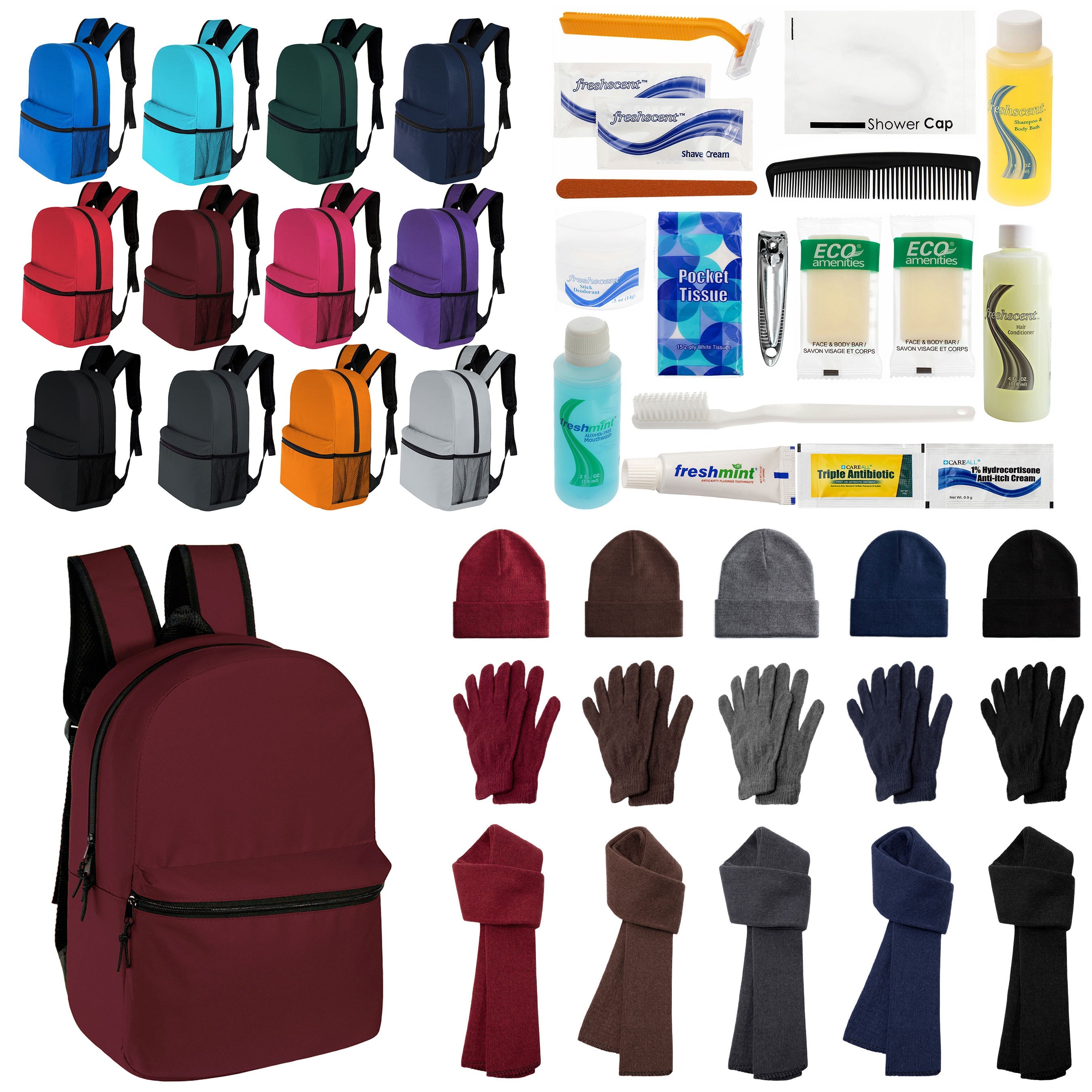 12 Classic 17" Backpacks in 12 Colors, 12 Winter Item Sets & Your Choice of 12 Bulk Hygiene Kits - Wholesale Homeless Care Package