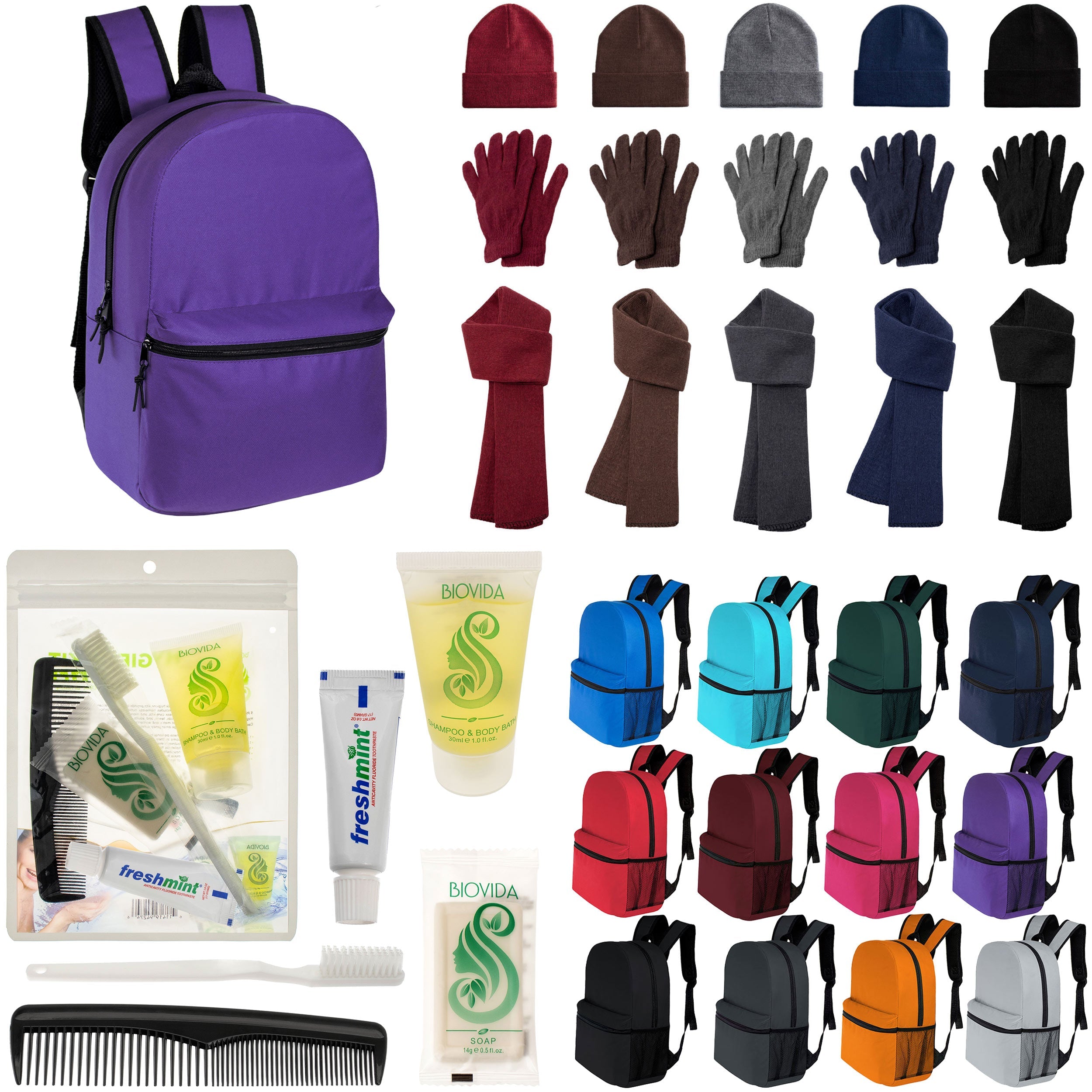 12 Classic 16" Backpacks in 12 Colors, 12 Winter Item Sets & Your Choice of 12 Bulk Hygiene Kits - Wholesale Homeless Care Package