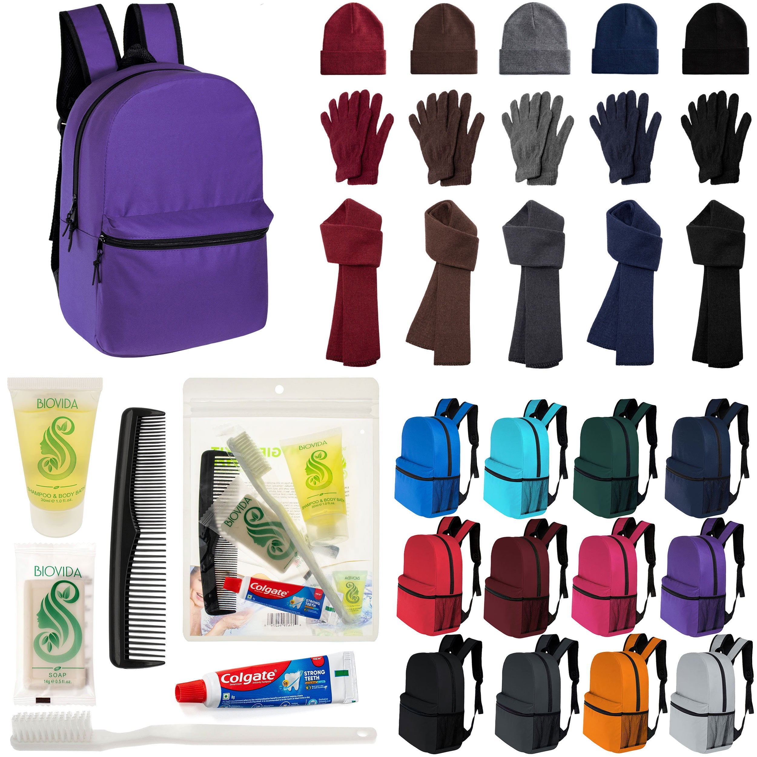 12 Classic 16" Backpacks in 12 Colors, 12 Winter Item Sets & Your Choice of 12 Bulk Hygiene Kits - Wholesale Homeless Care Package