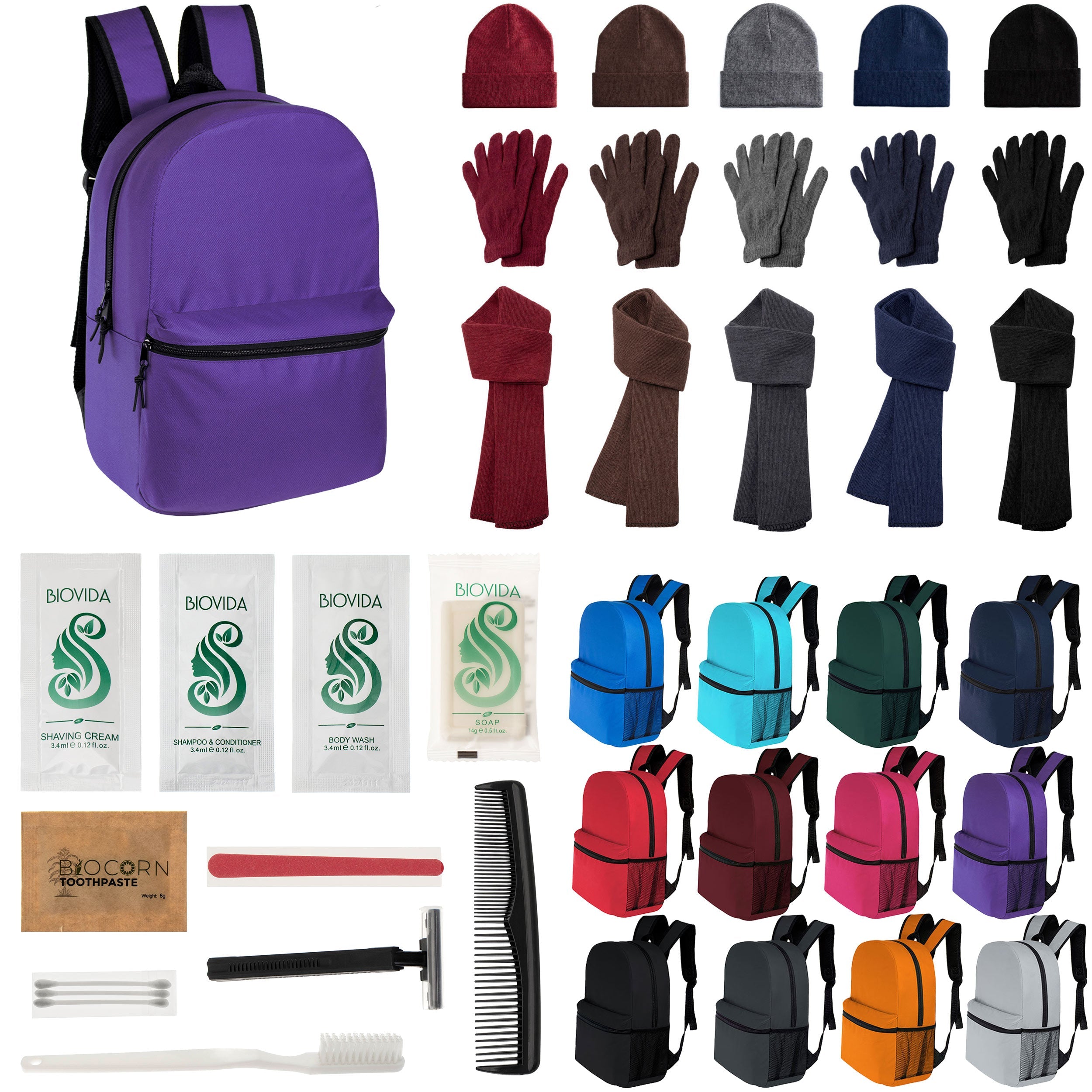 12 Classic 16" Backpacks in 12 Colors, 12 Winter Item Sets & Your Choice of 12 Bulk Hygiene Kits - Wholesale Homeless Care Package