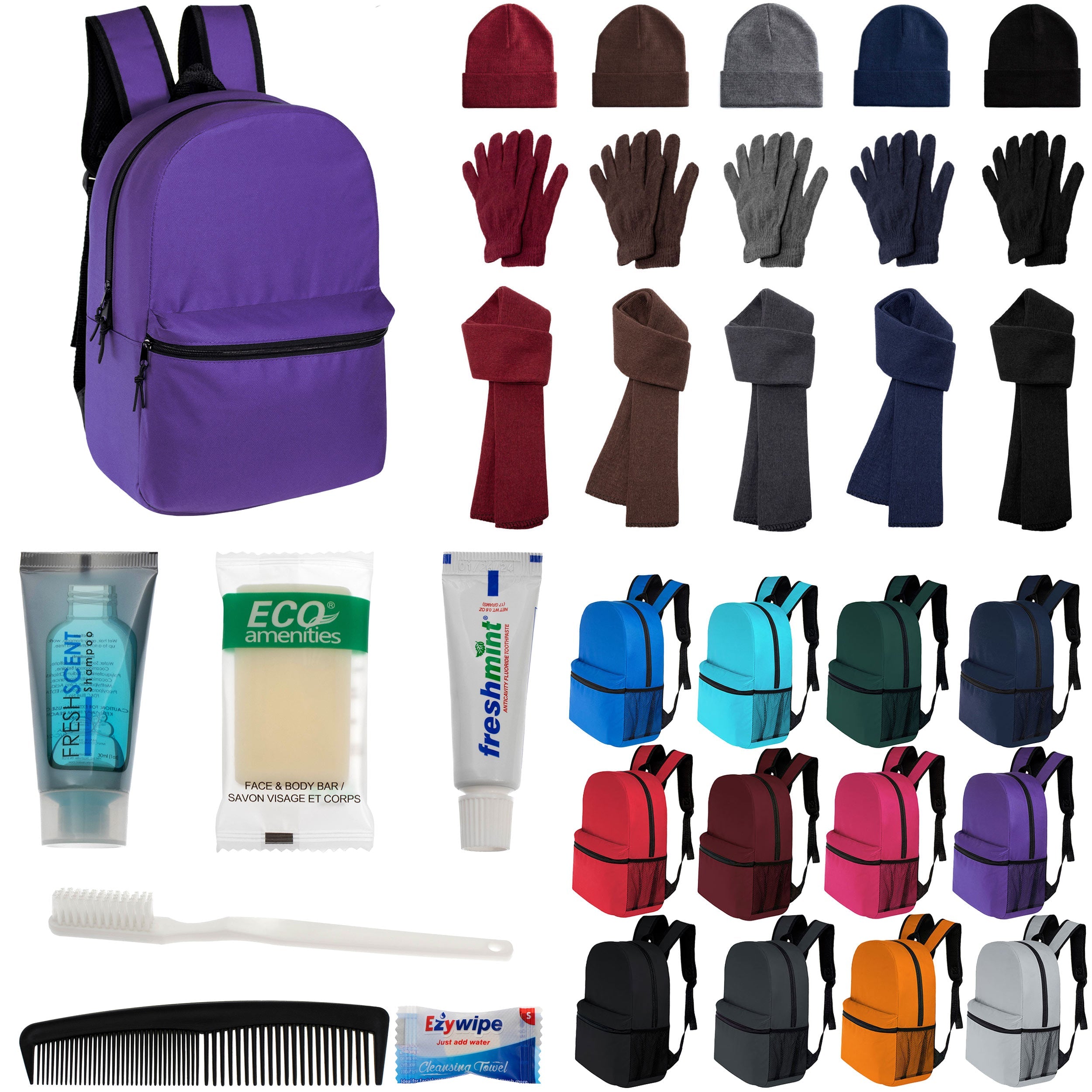 12 Classic 16" Backpacks in 12 Colors, 12 Winter Item Sets & Your Choice of 12 Bulk Hygiene Kits - Wholesale Homeless Care Package