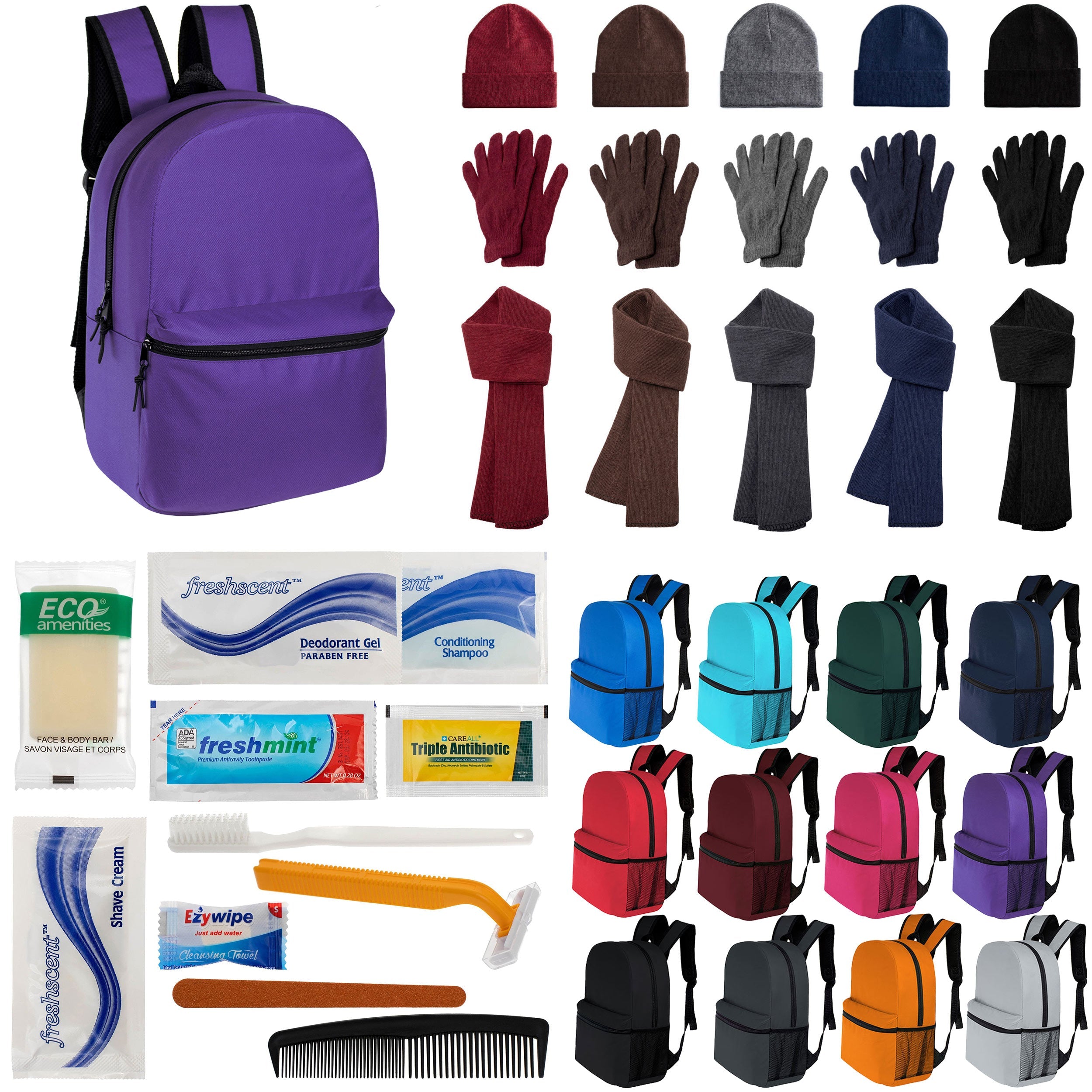 12 Classic 16" Backpacks in 12 Colors, 12 Winter Item Sets & Your Choice of 12 Bulk Hygiene Kits - Wholesale Homeless Care Package