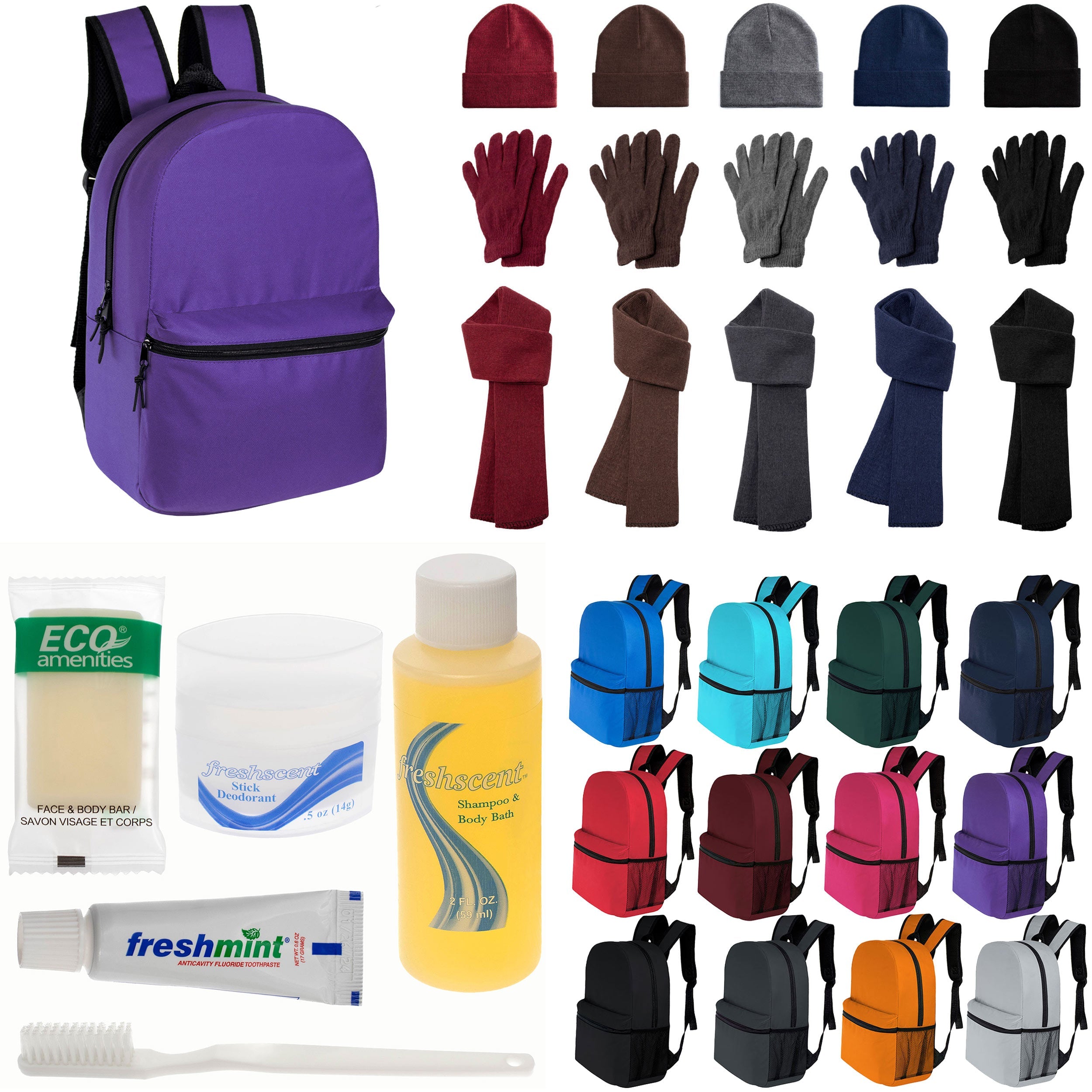 12 Classic 16" Backpacks in 12 Colors, 12 Winter Item Sets & Your Choice of 12 Bulk Hygiene Kits - Wholesale Homeless Care Package