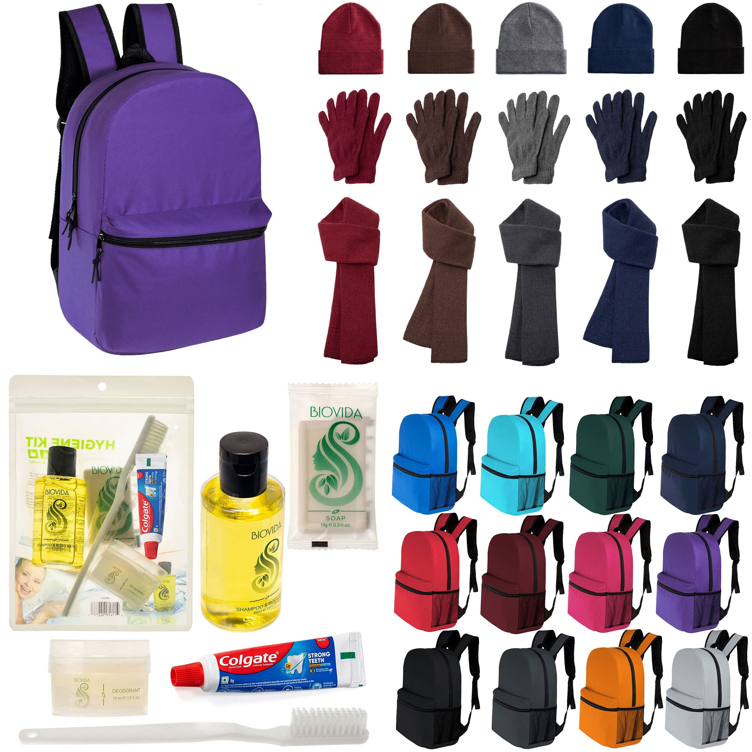 12 Classic 16" Backpacks in 12 Colors, 12 Winter Item Sets & Your Choice of 12 Bulk Hygiene Kits - Wholesale Homeless Care Package