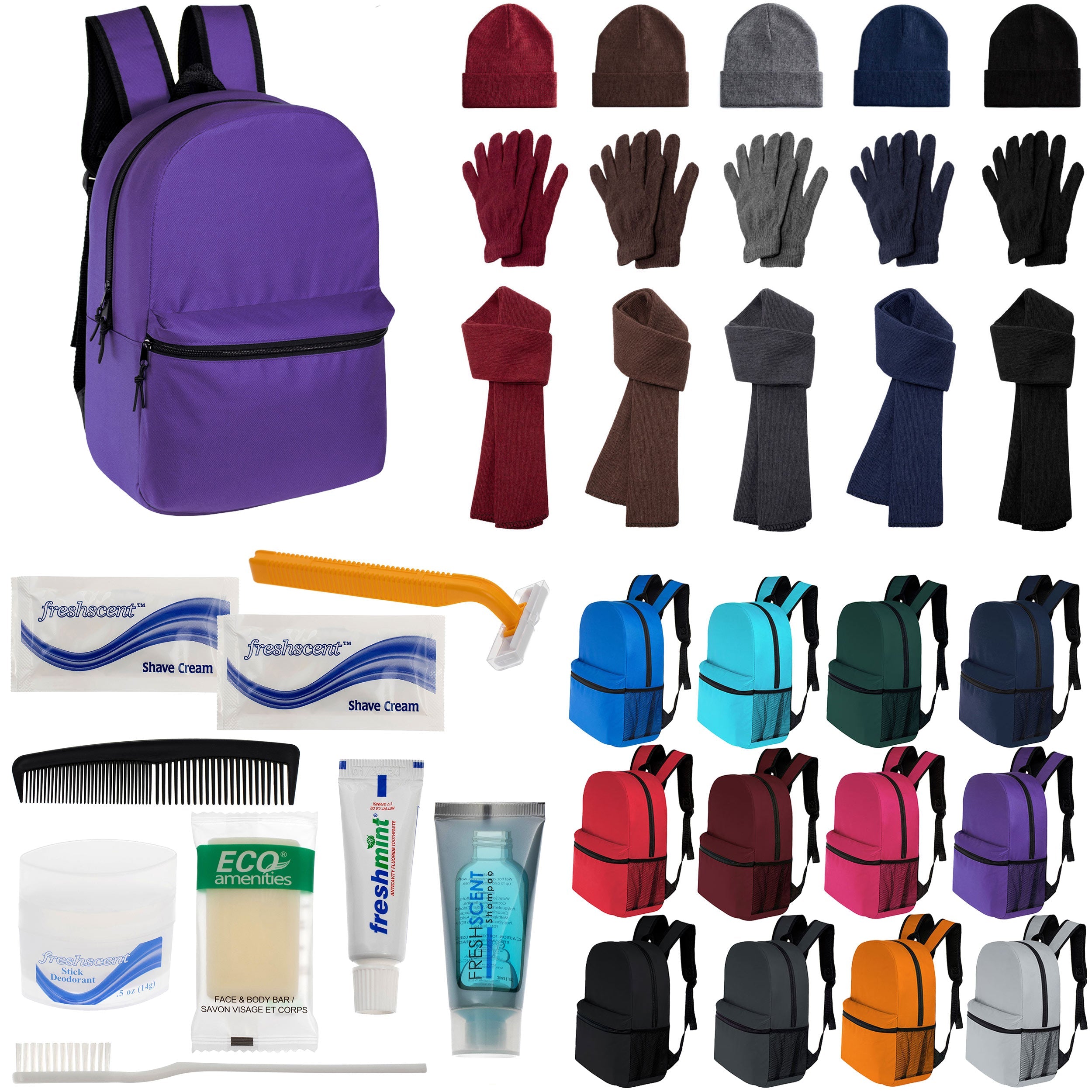 12 Classic 16" Backpacks in 12 Colors, 12 Winter Item Sets & Your Choice of 12 Bulk Hygiene Kits - Wholesale Homeless Care Package