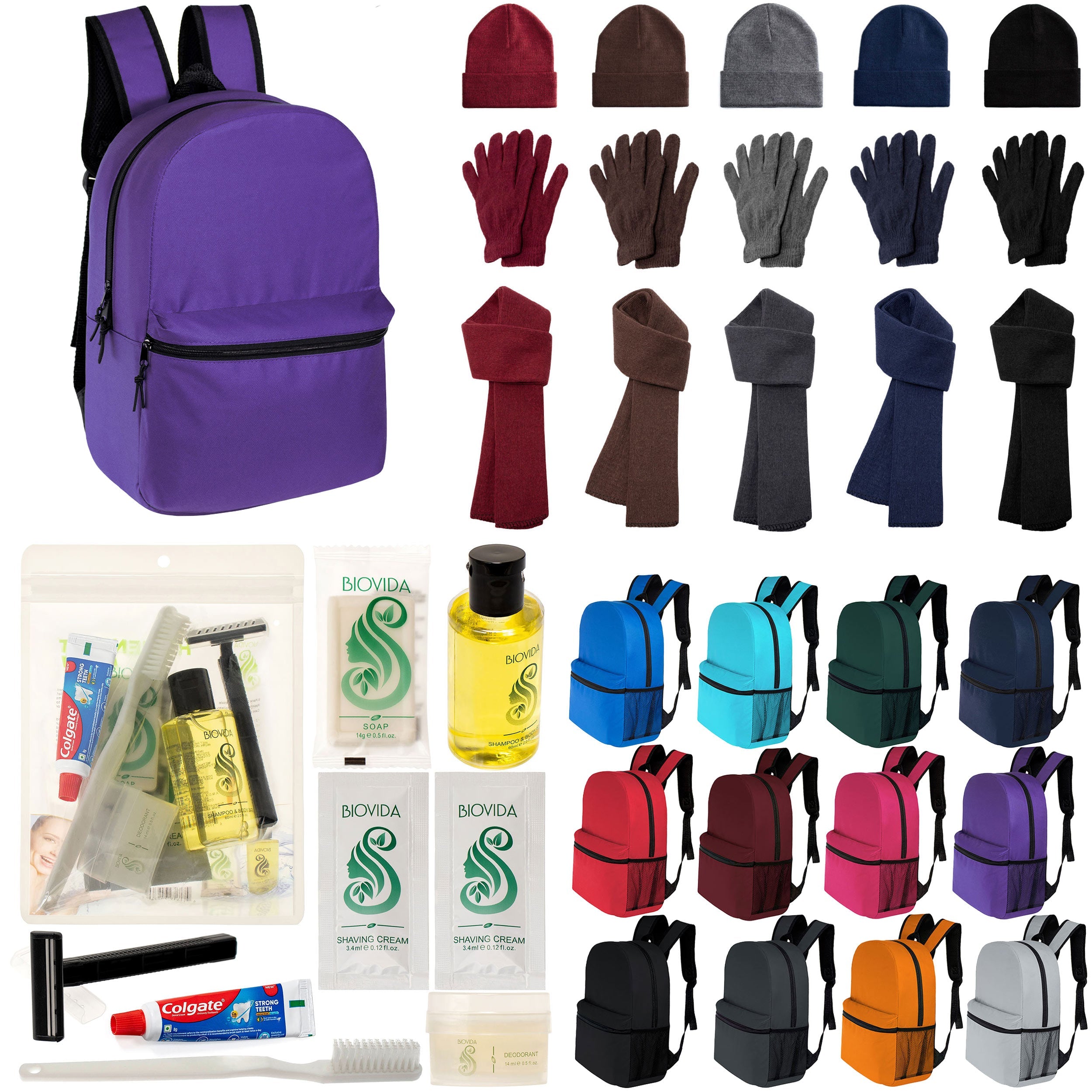 12 Classic 16" Backpacks in 12 Colors, 12 Winter Item Sets & Your Choice of 12 Bulk Hygiene Kits - Wholesale Homeless Care Package