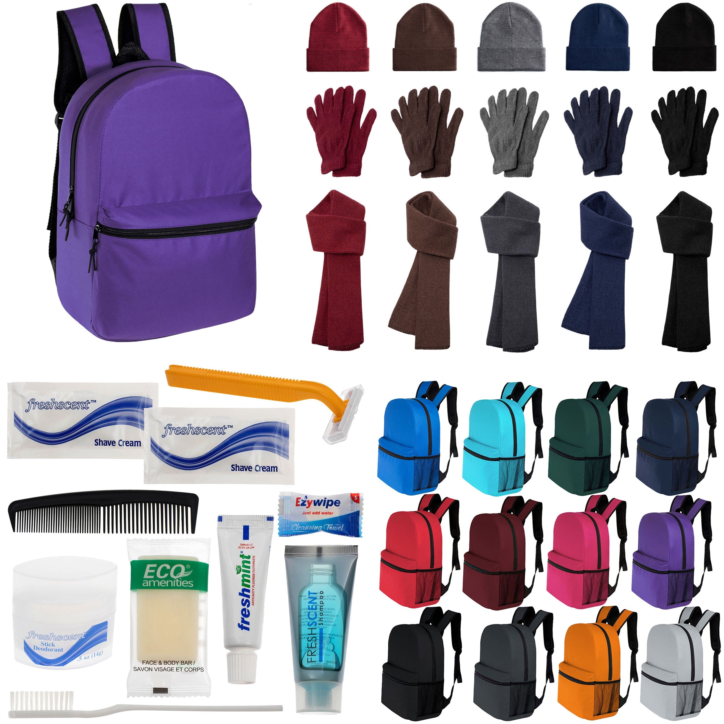 12 Classic 16" Backpacks in 12 Colors, 12 Winter Item Sets & Your Choice of 12 Bulk Hygiene Kits - Wholesale Homeless Care Package