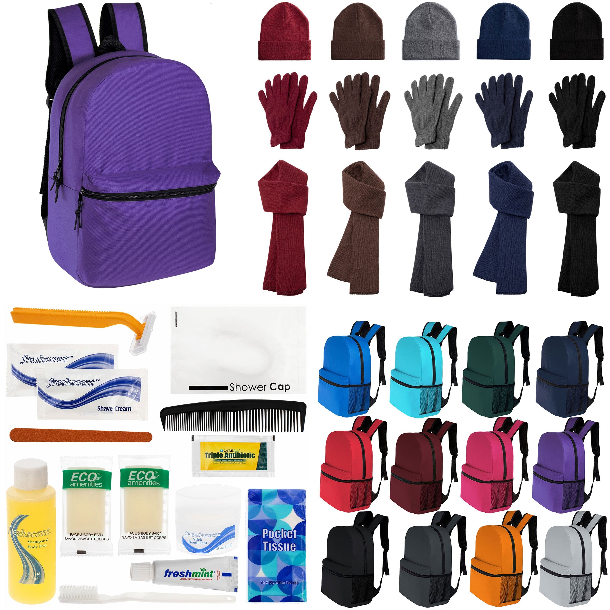 12 Classic 16" Backpacks in 12 Colors, 12 Winter Item Sets & Your Choice of 12 Bulk Hygiene Kits - Wholesale Homeless Care Package